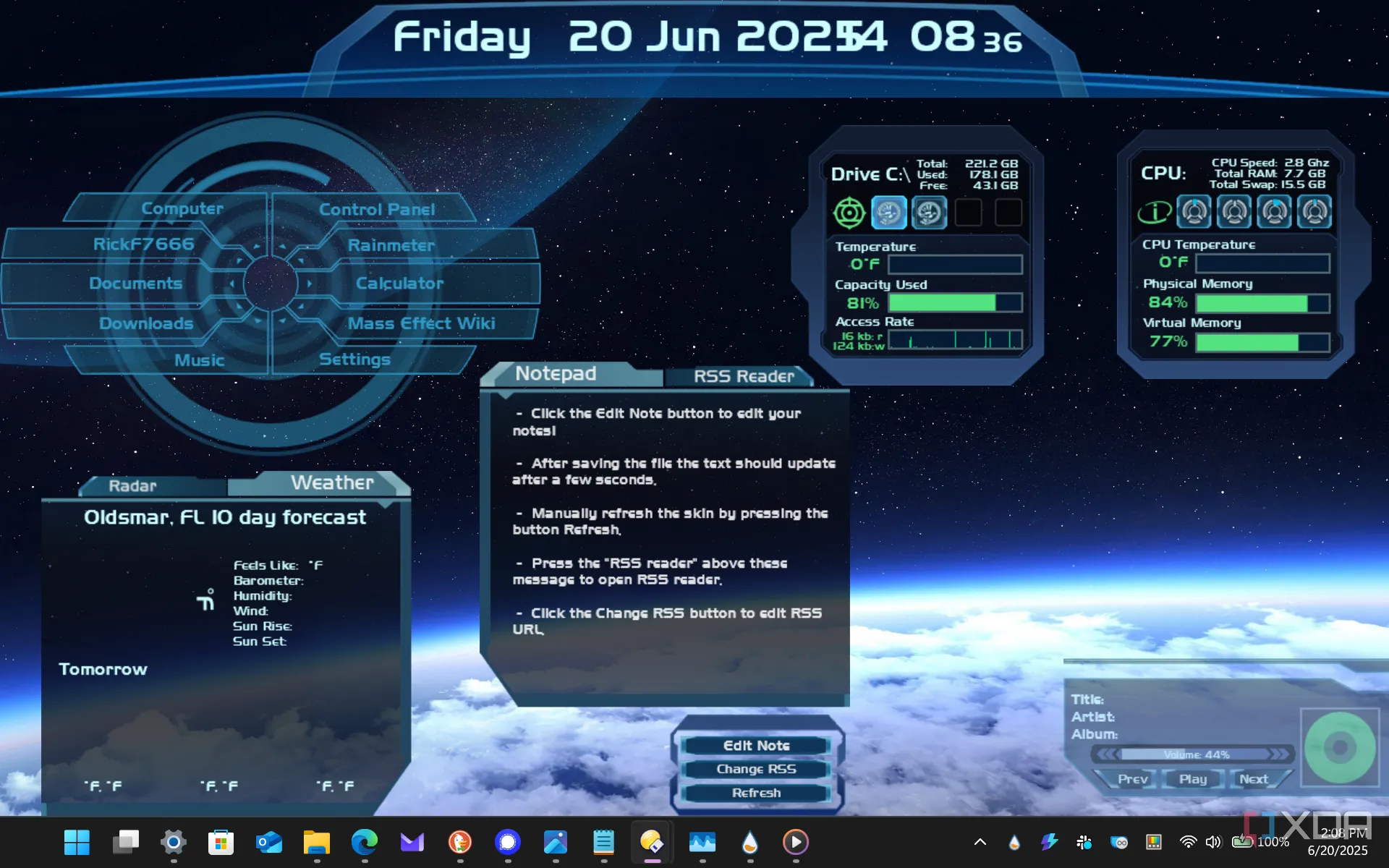 Desktop máy tính xách tay Windows 11 với Rainmeter skin Mass Effect mang phong cách tương lai