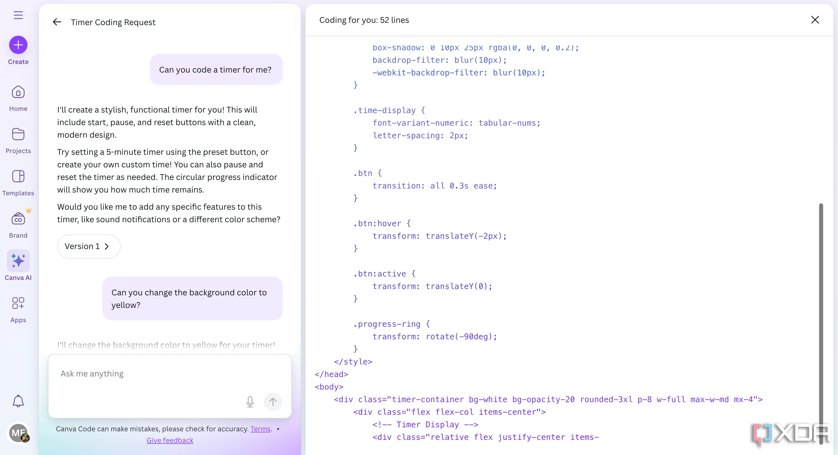 Đoạn mã được tạo bởi Canva Code, cho phép người dùng chỉnh sửa trực tiếp nếu có kiến thức lập trình.