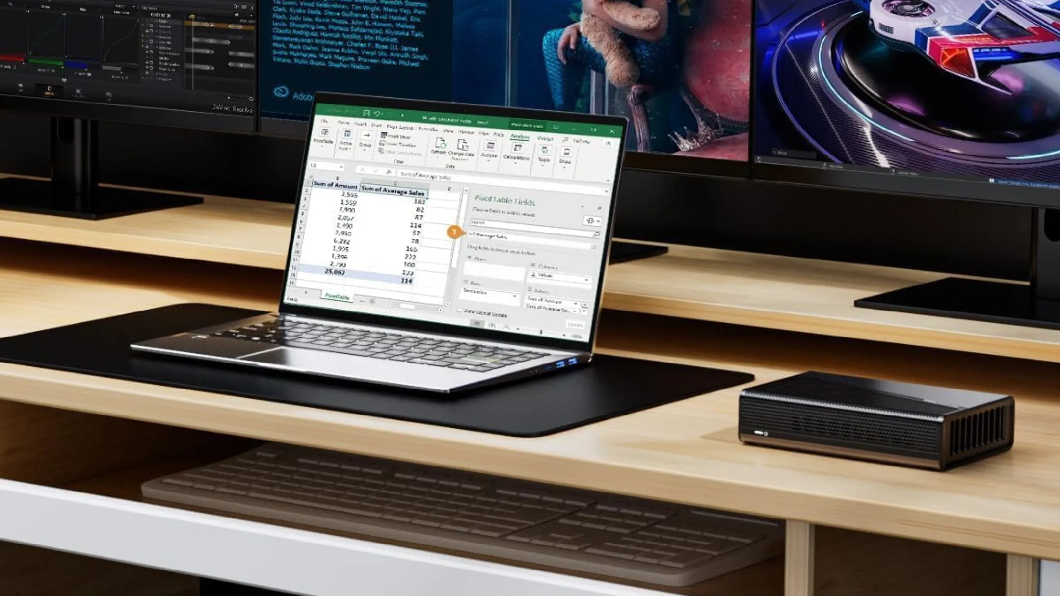 Docking Station eGPU GMKtec AD-GP1 kết nối với laptop trên bàn làm việc, minh họa khả năng nâng cấp hiệu suất đồ họa.