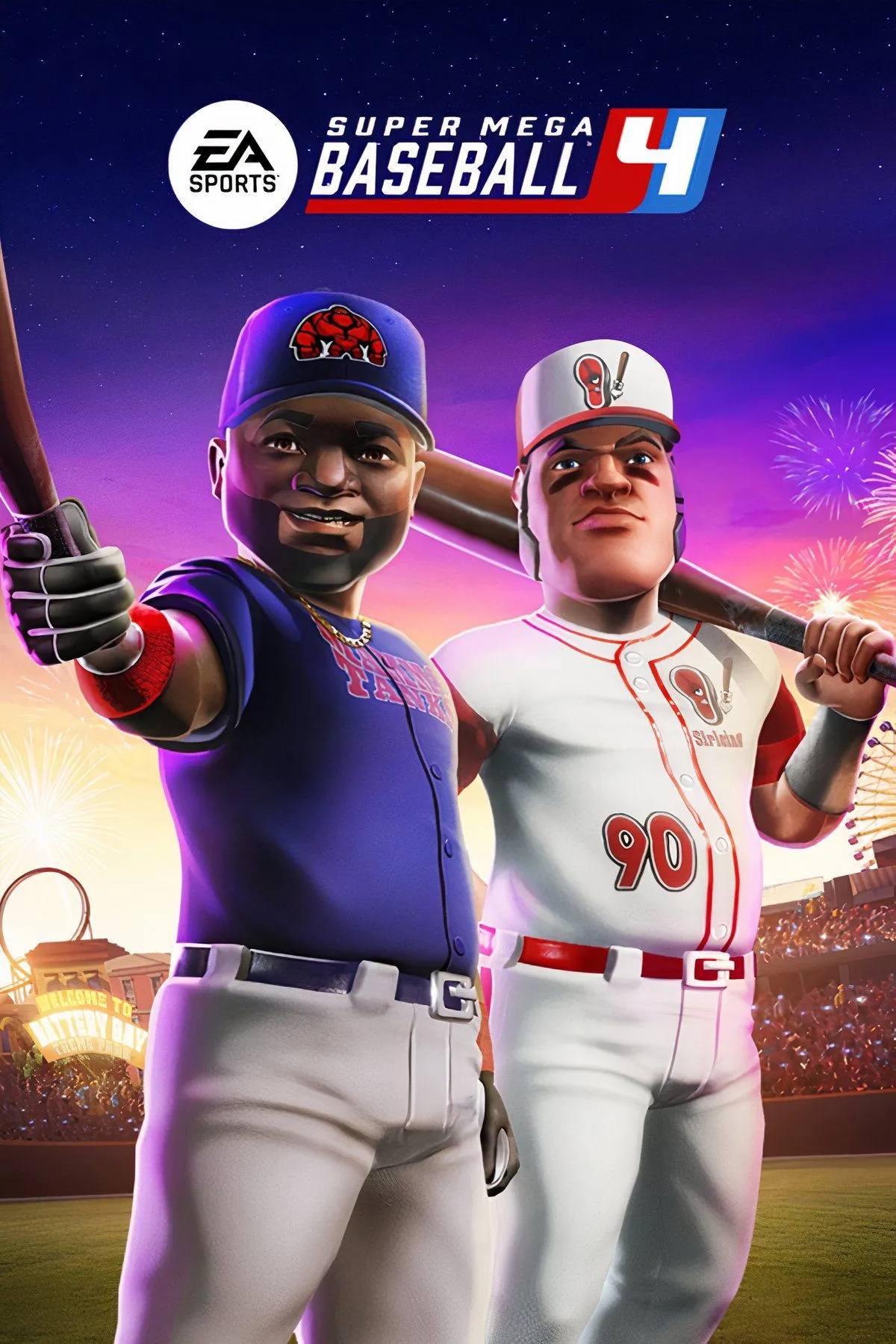 Đội bóng chày hoạt hình trong Super Mega Baseball 4 đang thi đấu, mang lại trải nghiệm bóng chày arcade vui nhộn