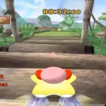 Gameplay Kirby Air Ride trên GameCube: Kirby lái xe bay trong đường đua sắc màu.