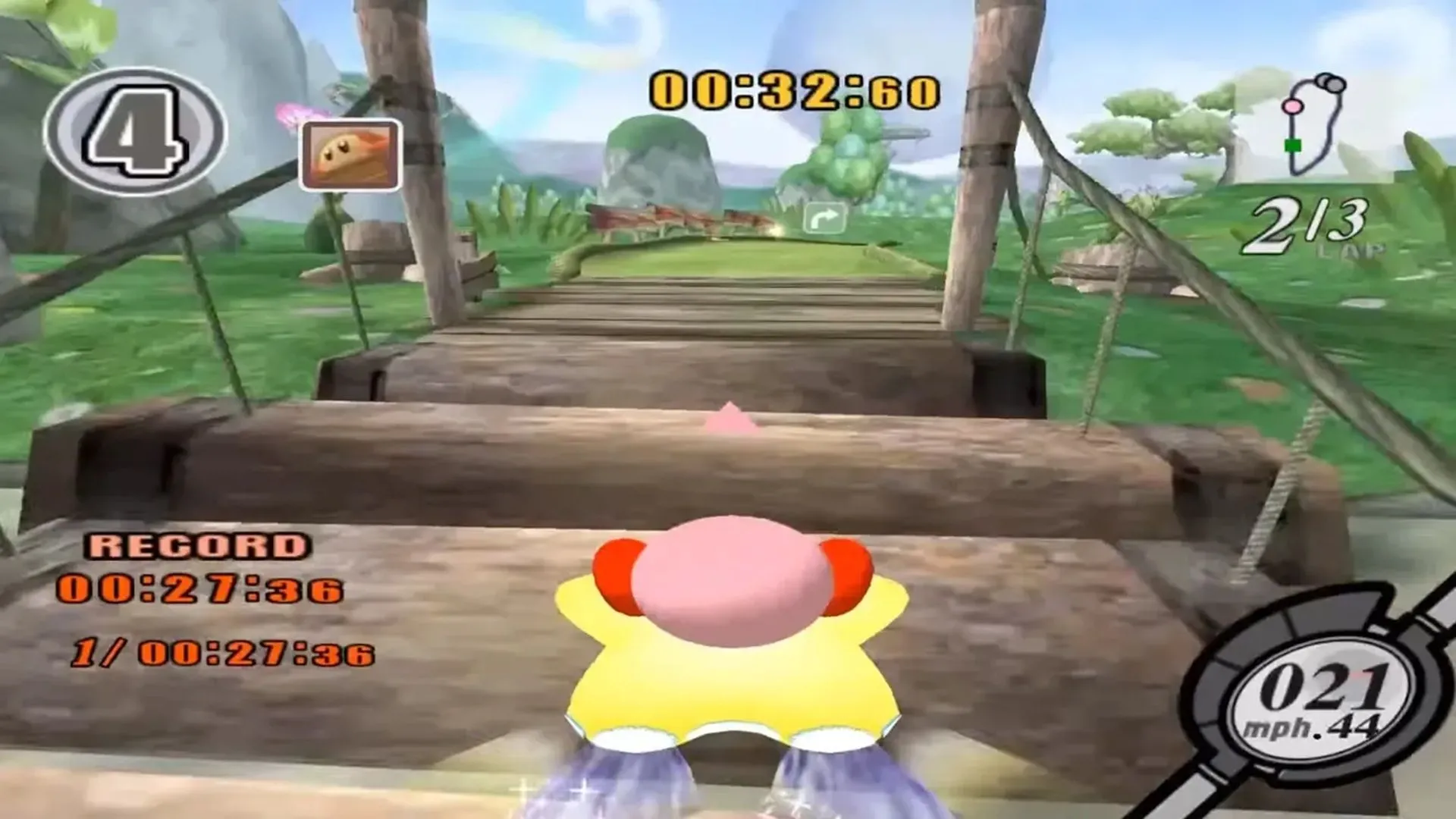 Gameplay Kirby Air Ride trên GameCube: Kirby lái xe bay trong đường đua sắc màu.