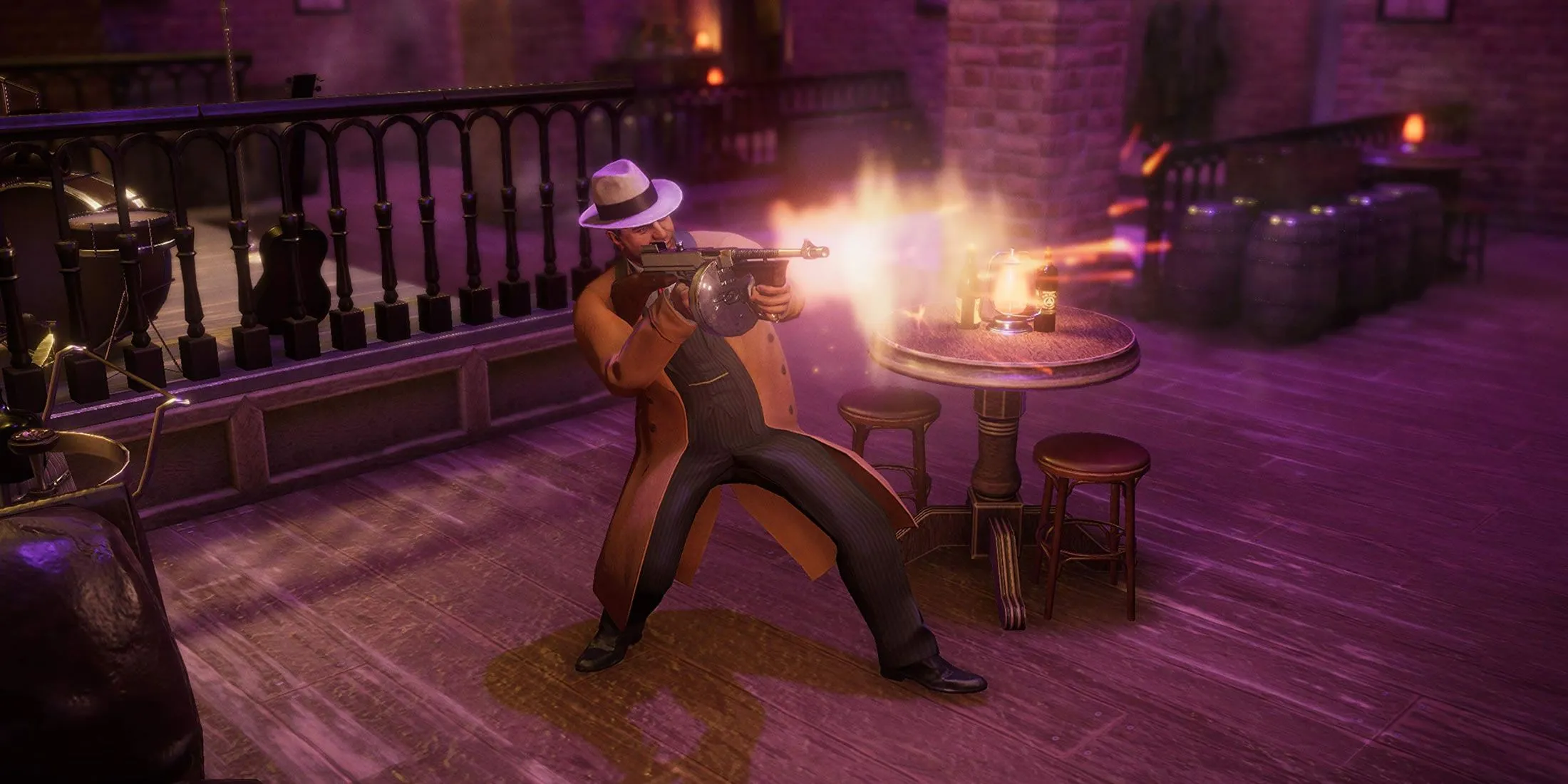 Gangster sử dụng súng tiểu liên trong một pha hành động của game Empire of Sin.