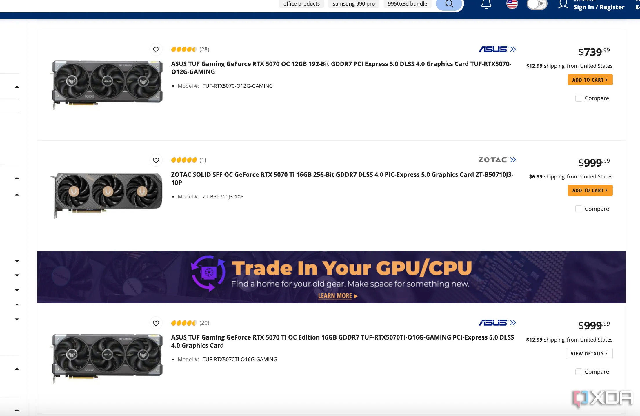 Giá card đồ họa Nvidia RTX 50 series trên Newegg thể hiện tình trạng hết hàng và giá cao