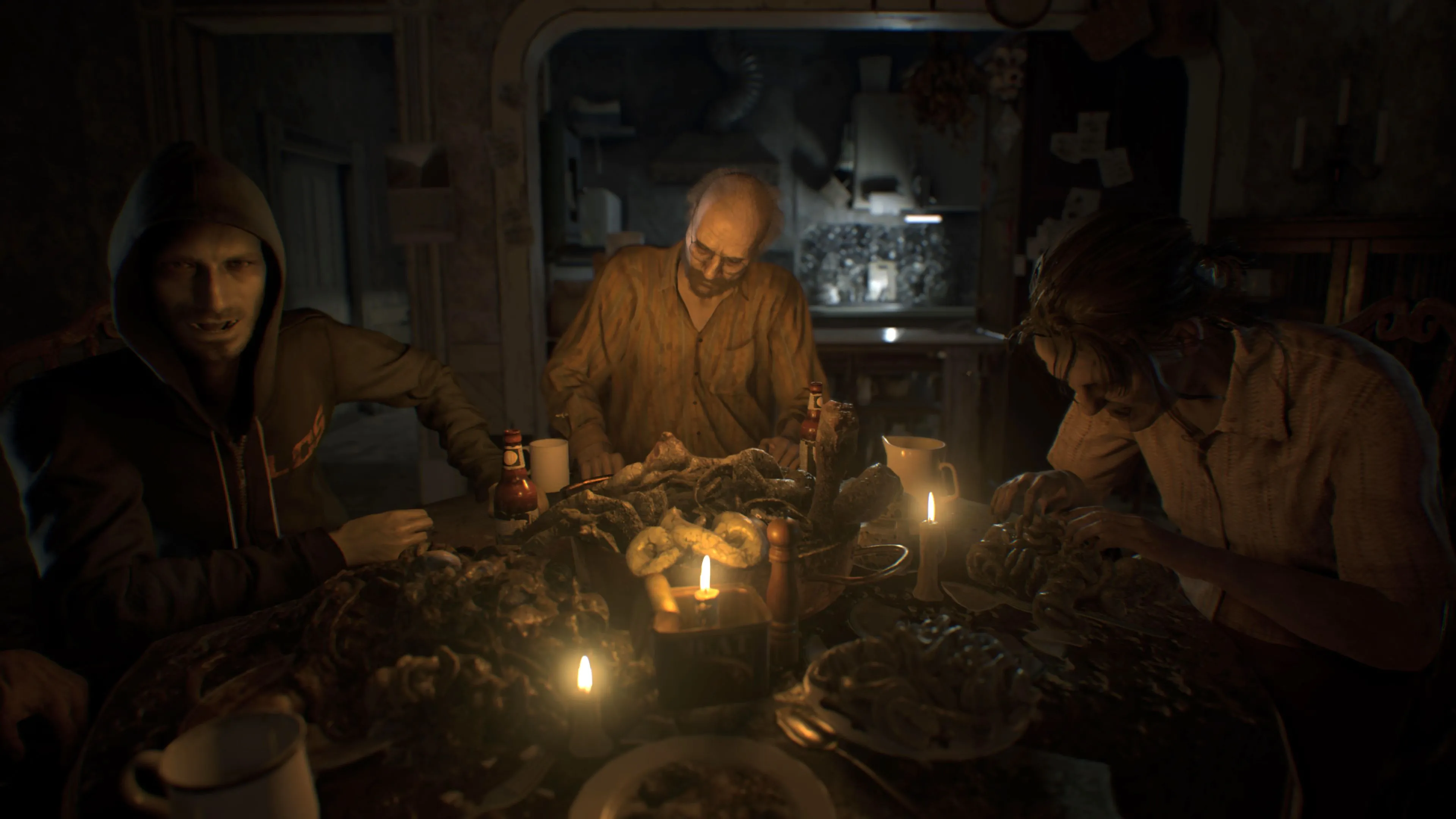 Gia đình Baker trong Resident Evil 7 tại bữa ăn tối kinh hoàng, thể hiện không khí rùng rợn của game.