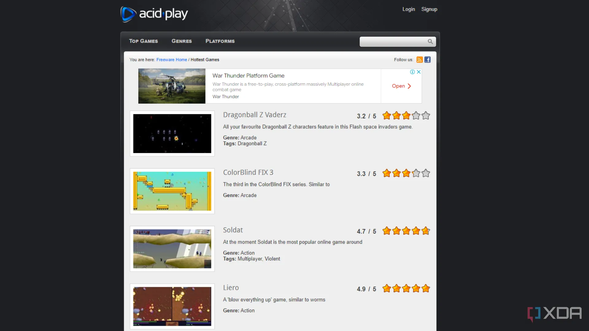 Giao diện Acid Play hiển thị danh sách các game miễn phí