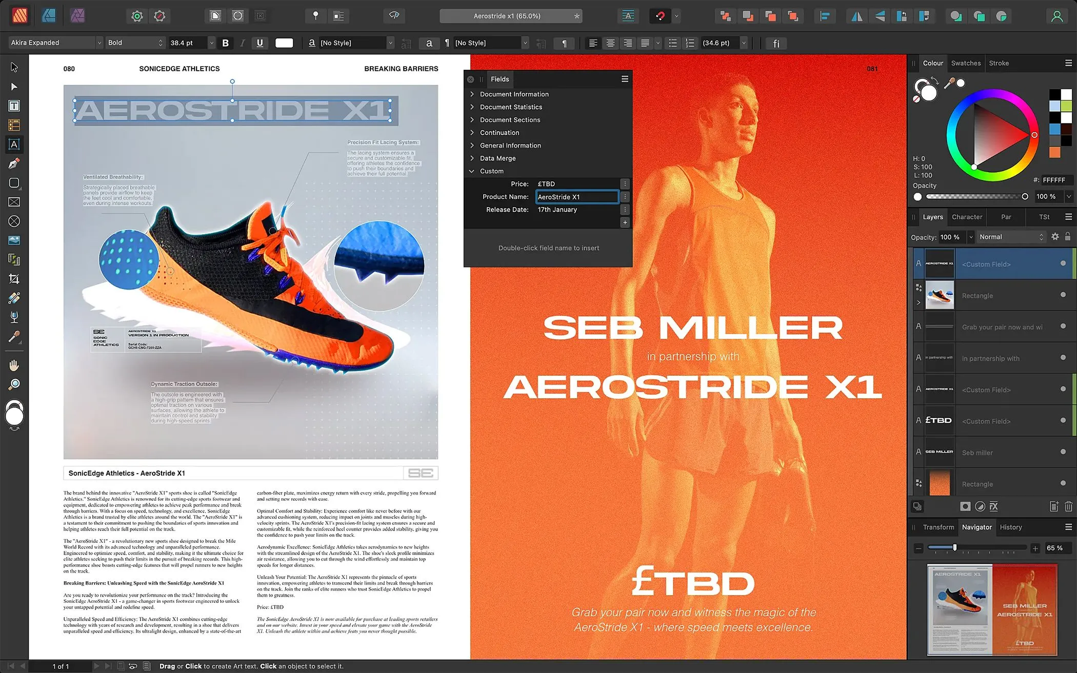 Giao diện Affinity Publisher hiển thị thiết kế bố cục trang với văn bản động
