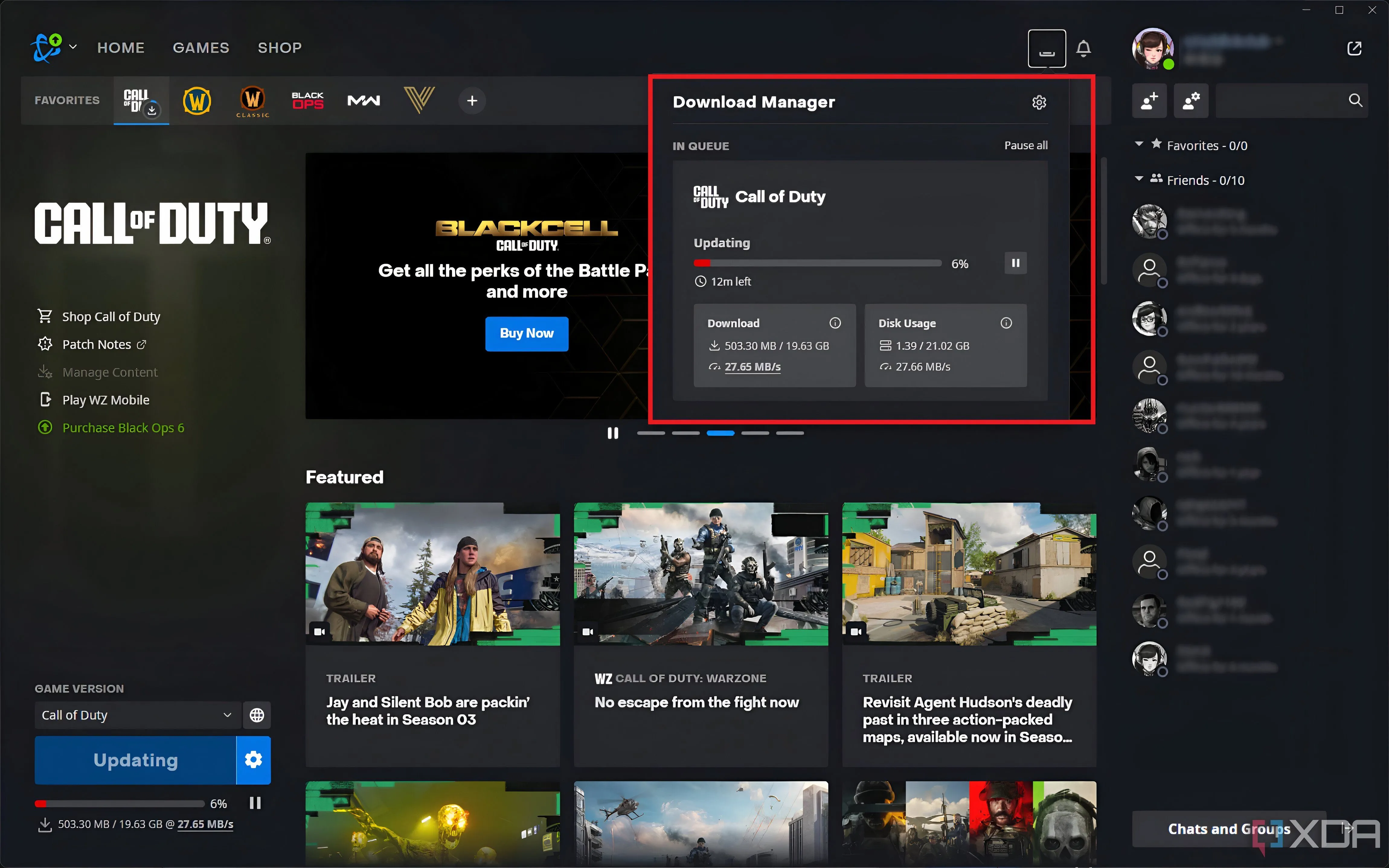 Giao diện Battle.net đang tải bản cập nhật Call of Duty: Modern Warfare với dung lượng lớn