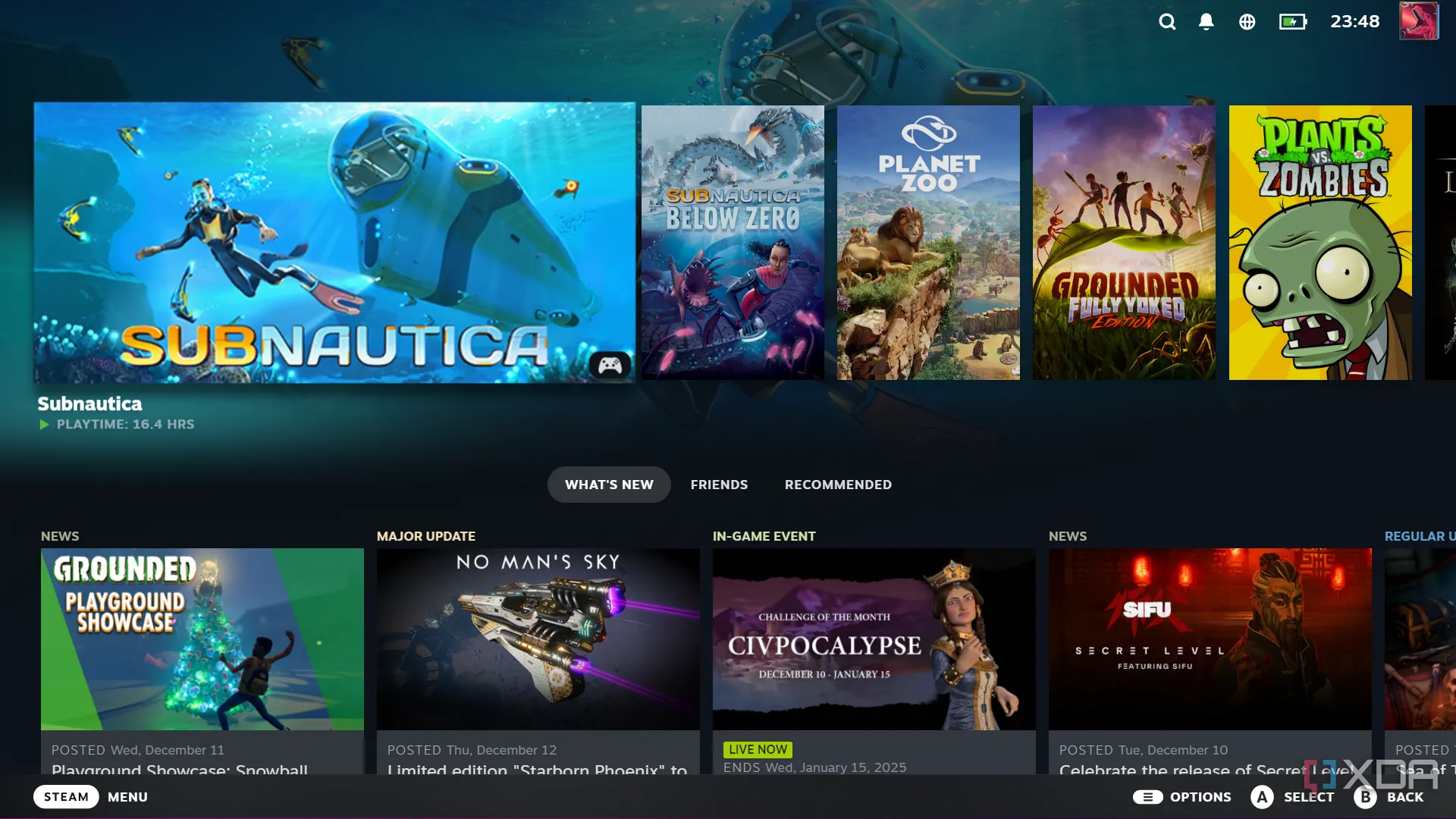 Giao diện Big Picture Mode của Steam trên màn hình lớn, lý tưởng để chơi game retro bằng tay cầm.