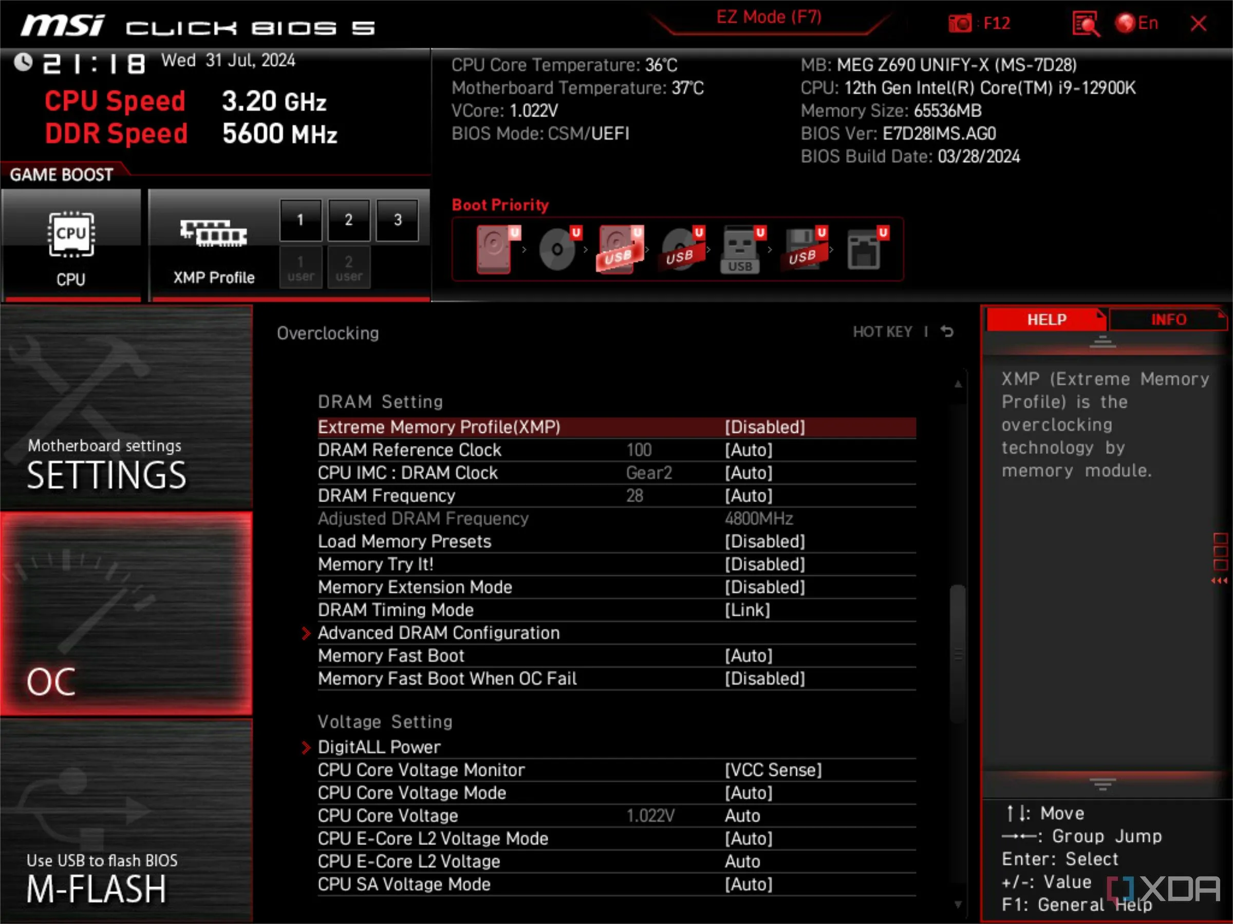 Giao diện BIOS UEFI của MSI cho thấy tùy chọn XMP (Extreme Memory Profile) đang bị tắt, đây là một trong những lý do phổ biến khiến RAM không chạy đúng tốc độ, ảnh hưởng đến hiệu suất và FPS game.