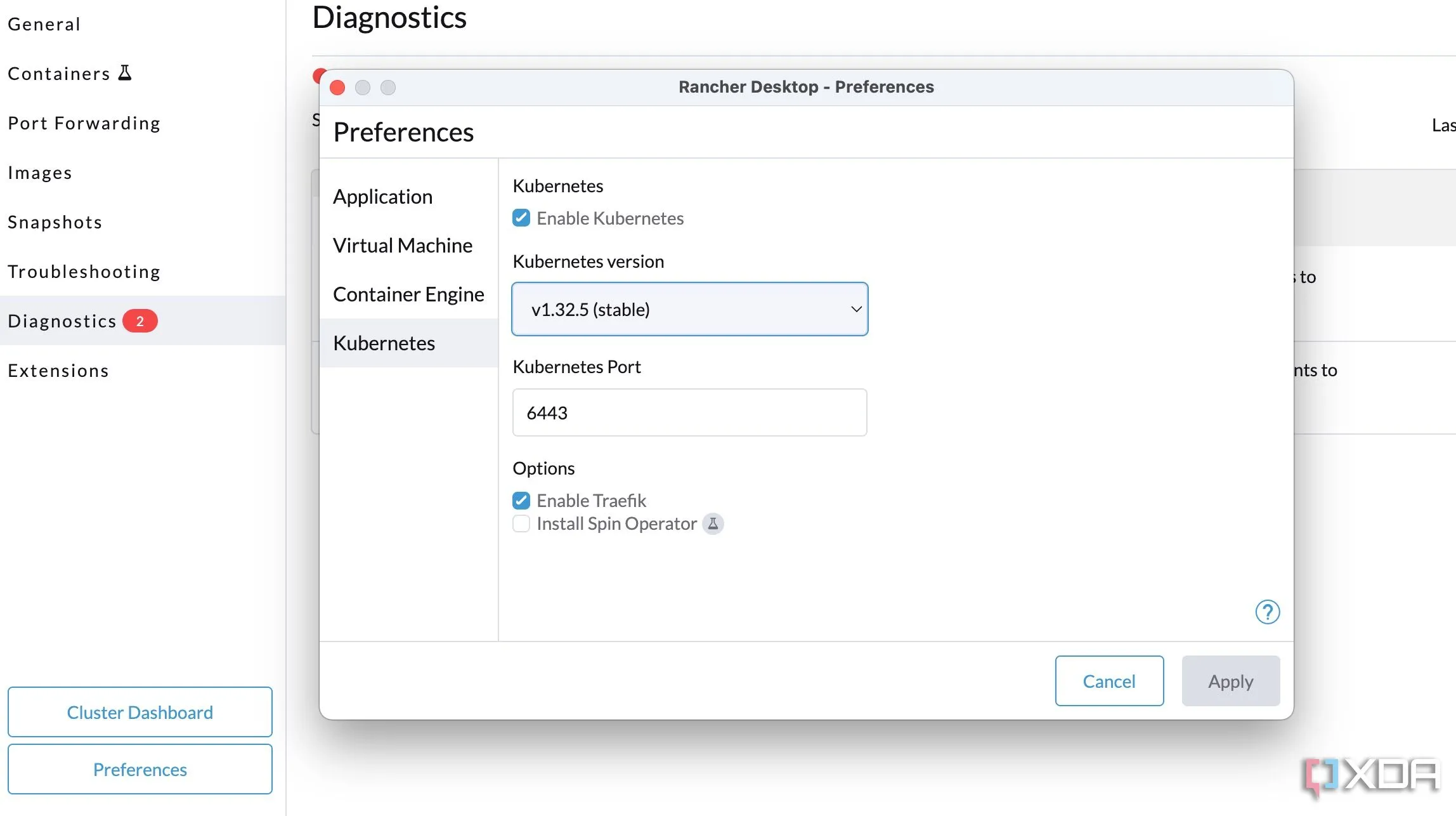 Giao diện cài đặt Kubernetes trên Rancher Desktop, cho phép lựa chọn phiên bản K3s.