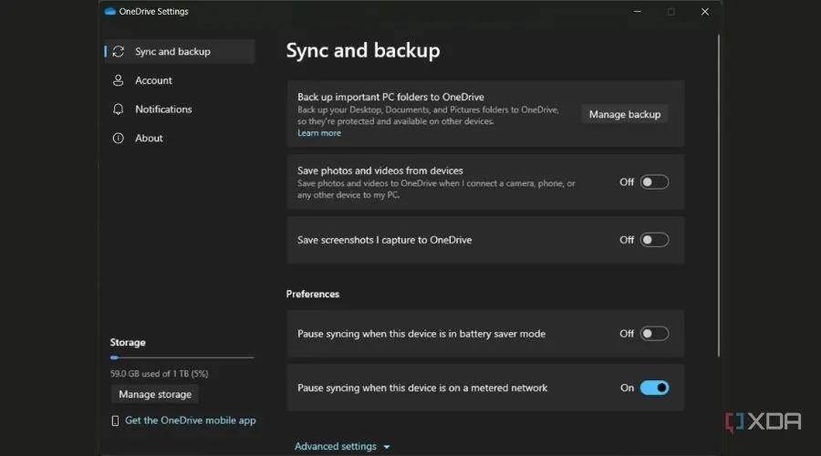 Giao diện cài đặt OneDrive, tùy chọn đồng bộ hóa và sao lưu dữ liệu đám mây
