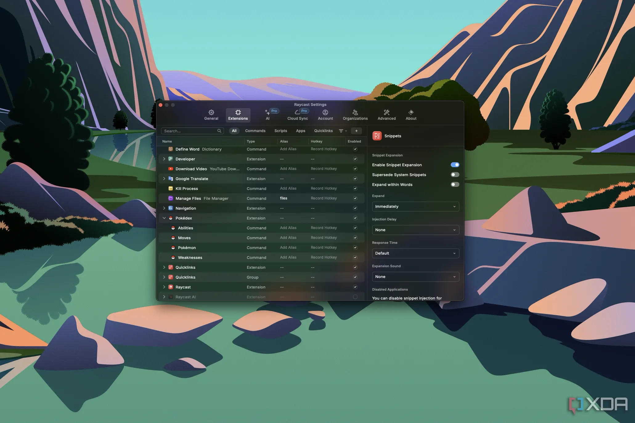 Giao diện cài đặt Raycast trên macOS, minh họa khả năng tùy chỉnh sâu rộng các lệnh và tiện ích mở rộng, giúp cá nhân hóa trải nghiệm sử dụng.