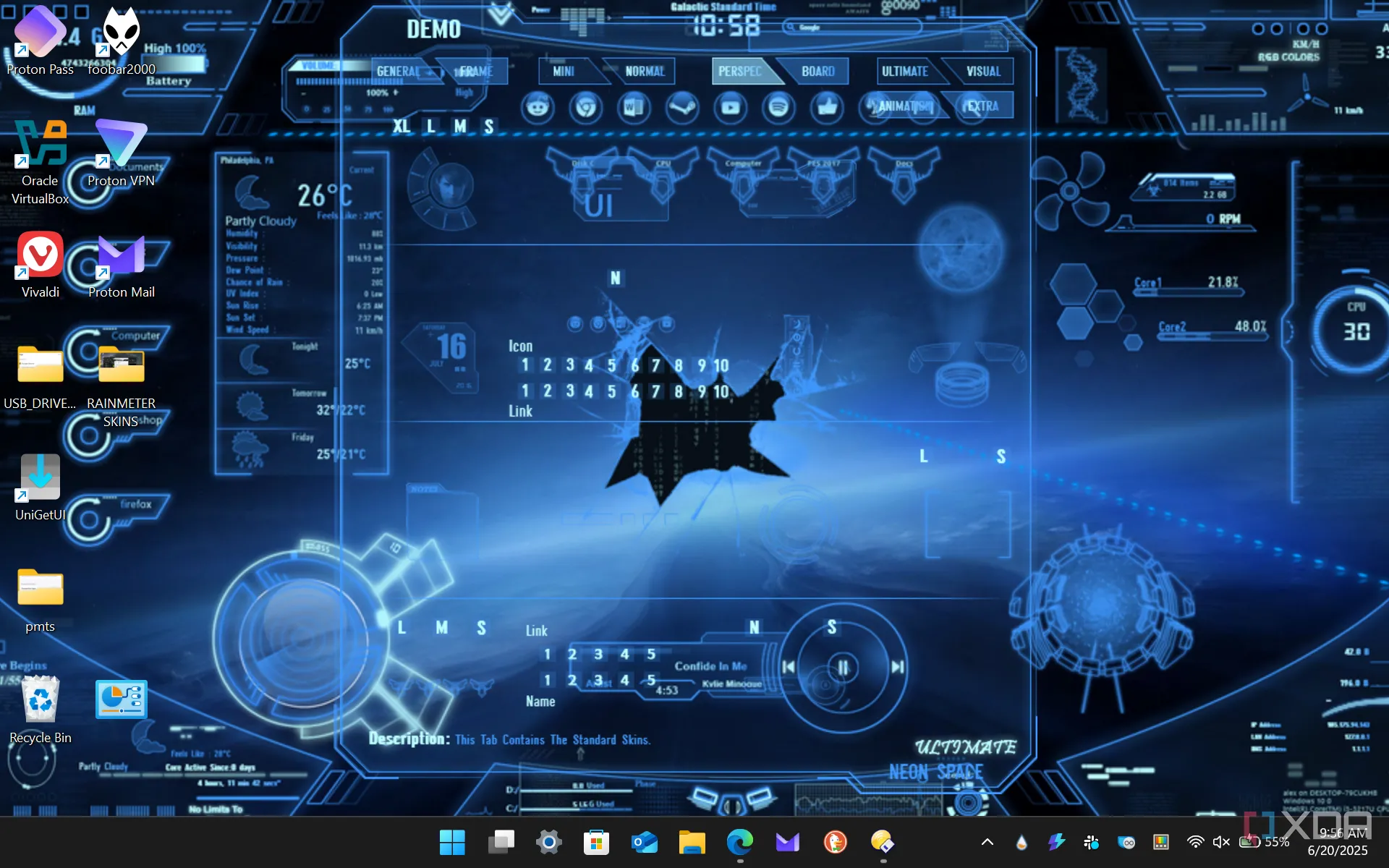 Giao diện cài đặt skin Neon Space Rainmeter với chủ đề không gian khoa học viễn tưởng