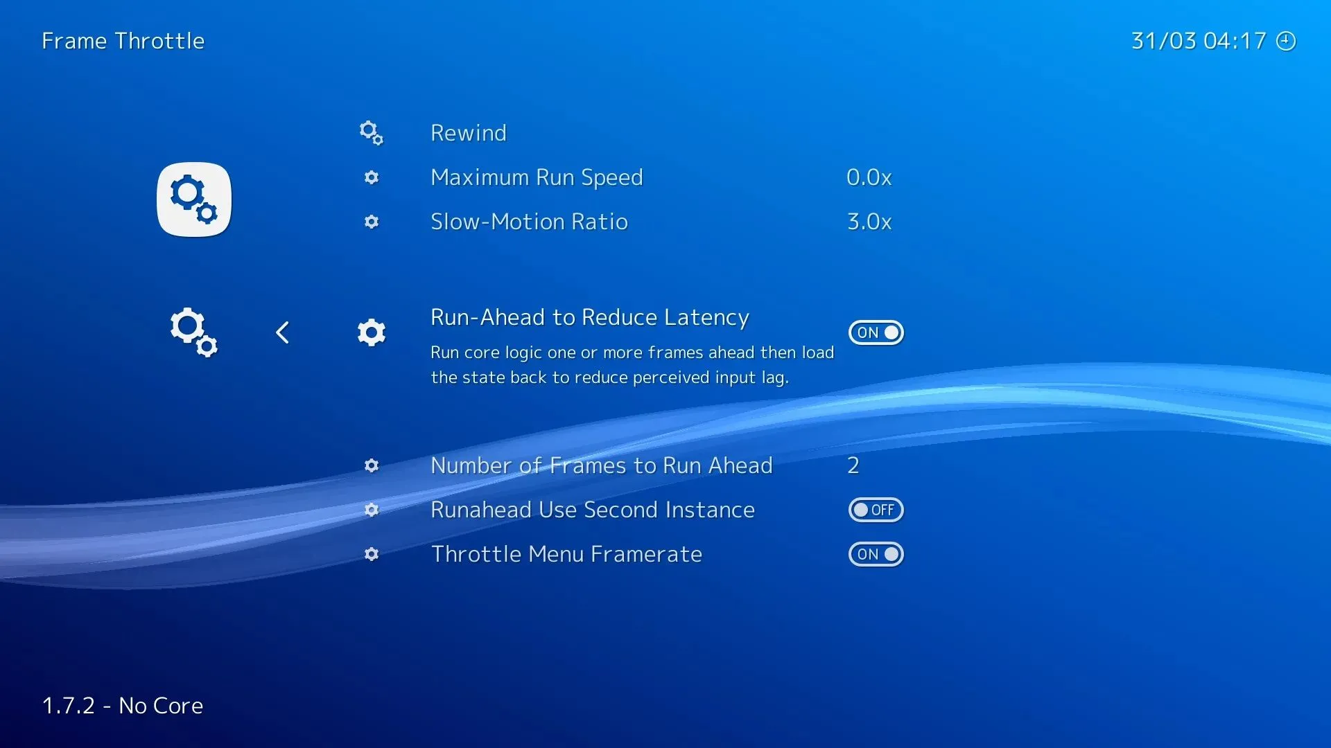 Giao diện cài đặt tính năng Run Ahead trong RetroArch để loại bỏ độ trễ đầu vào.