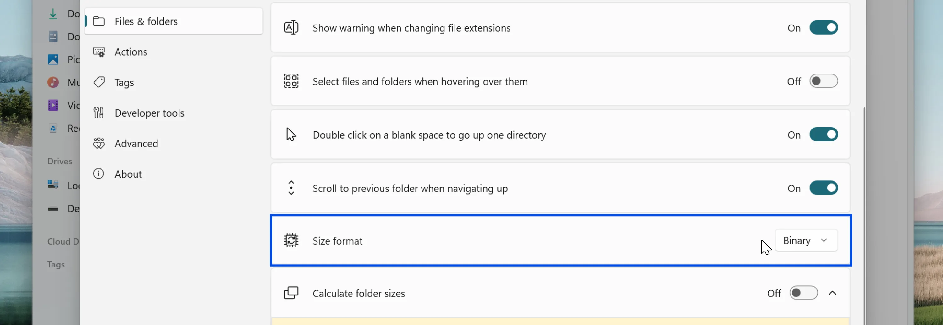 Giao diện cài đặt tùy chỉnh định dạng hiển thị kích thước tệp trong Files app Windows 11, với các tùy chọn Binary và Decimal.
