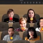 Giao diện chế độ Together Mode trong Microsoft Teams với các biểu tượng cảm xúc và nhãn phản hồi