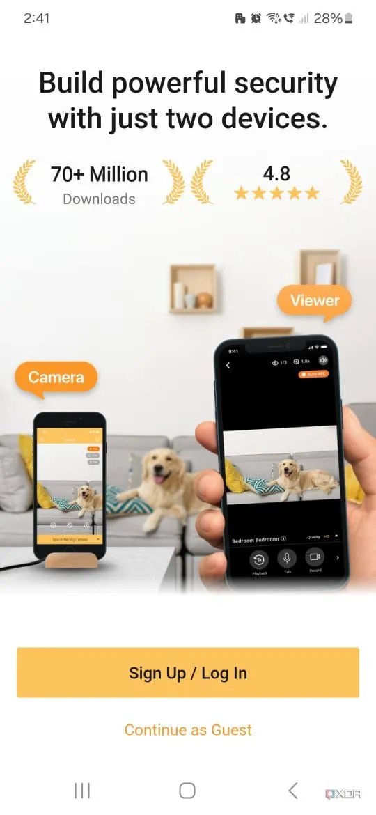 Giao diện chính của Alfred Security trên điện thoại camera, hiển thị tùy chọn xem camera.