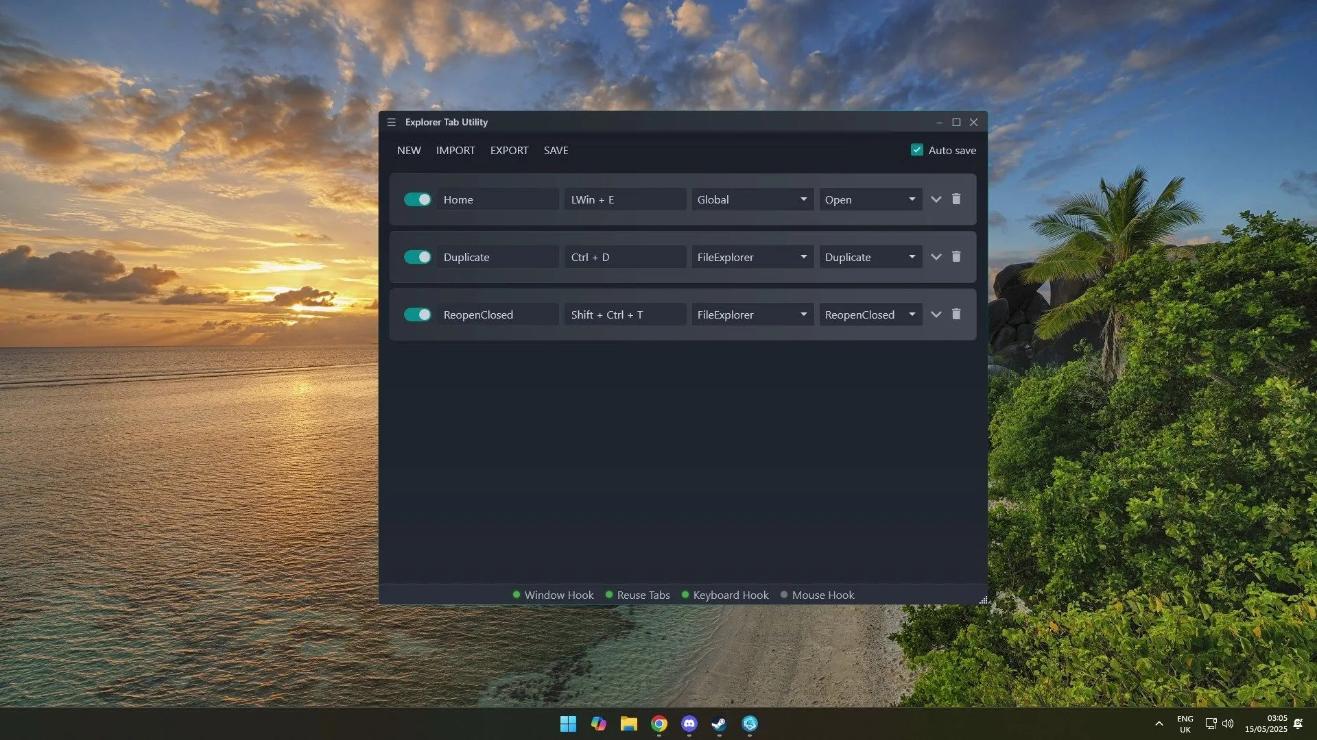 Giao diện chính của ứng dụng Explorer Tab Utility trên Windows, hiển thị các phím tắt mặc định và tùy chọn cấu hình.