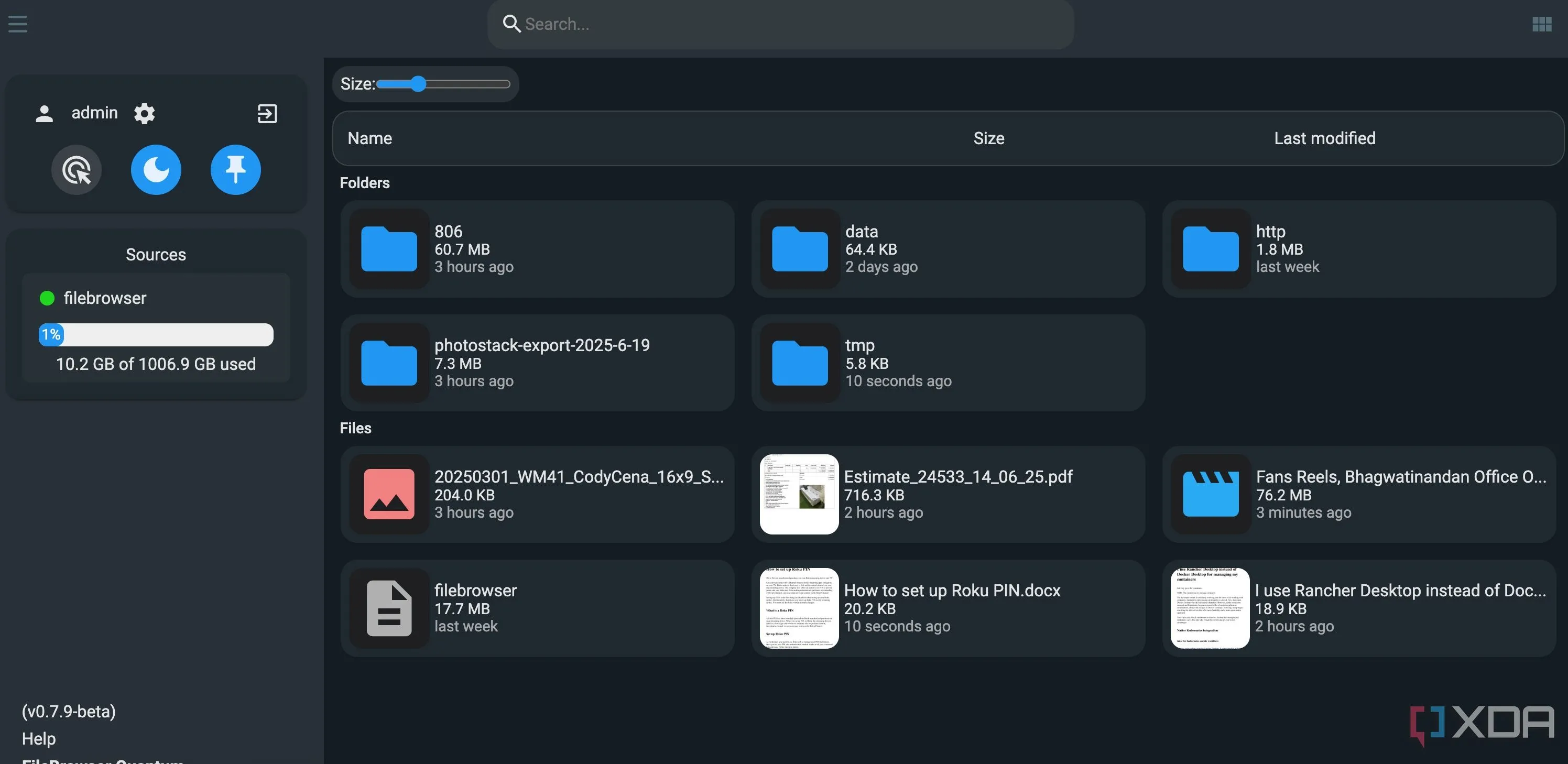Giao diện chính FileBrowser Quantum hiển thị menu điều hướng và danh sách tệp