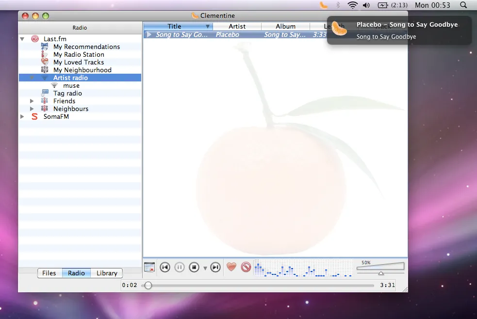 Giao diện Clementine trên macOS với tính năng thông báo thay đổi bài hát