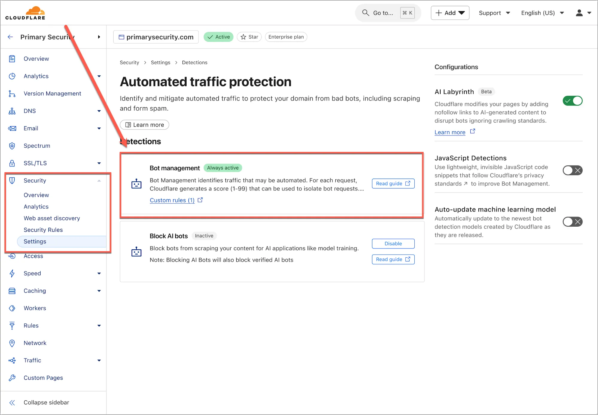 Giao diện Cloudflare dashboard: Truy cập cài đặt Bảo mật và Quản lý Bot để bật AI Labyrinth