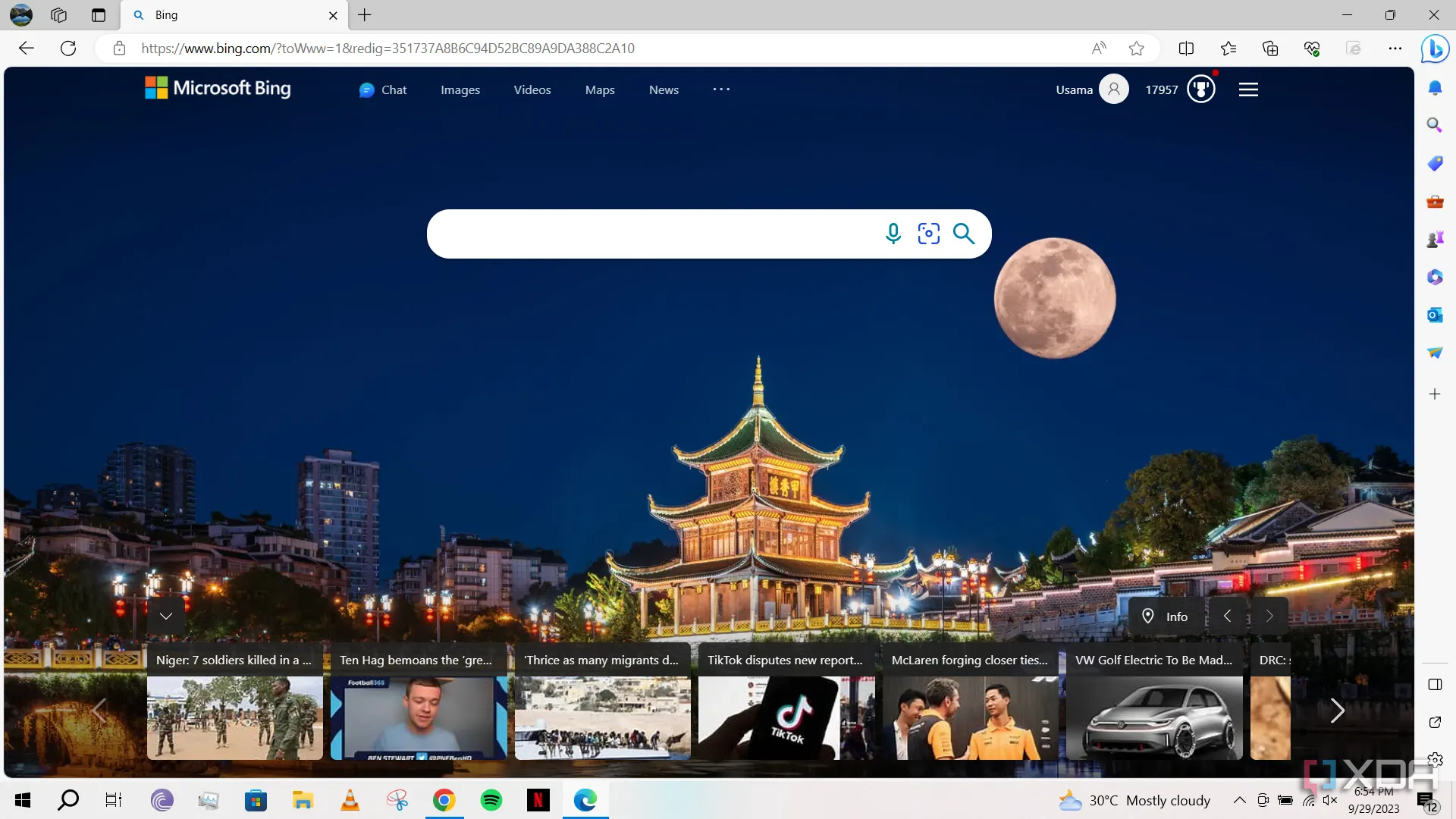 Giao diện công cụ tìm kiếm Bing trên trình duyệt Microsoft Edge hiển thị kết quả tìm kiếm về thị phần công cụ tìm kiếm.