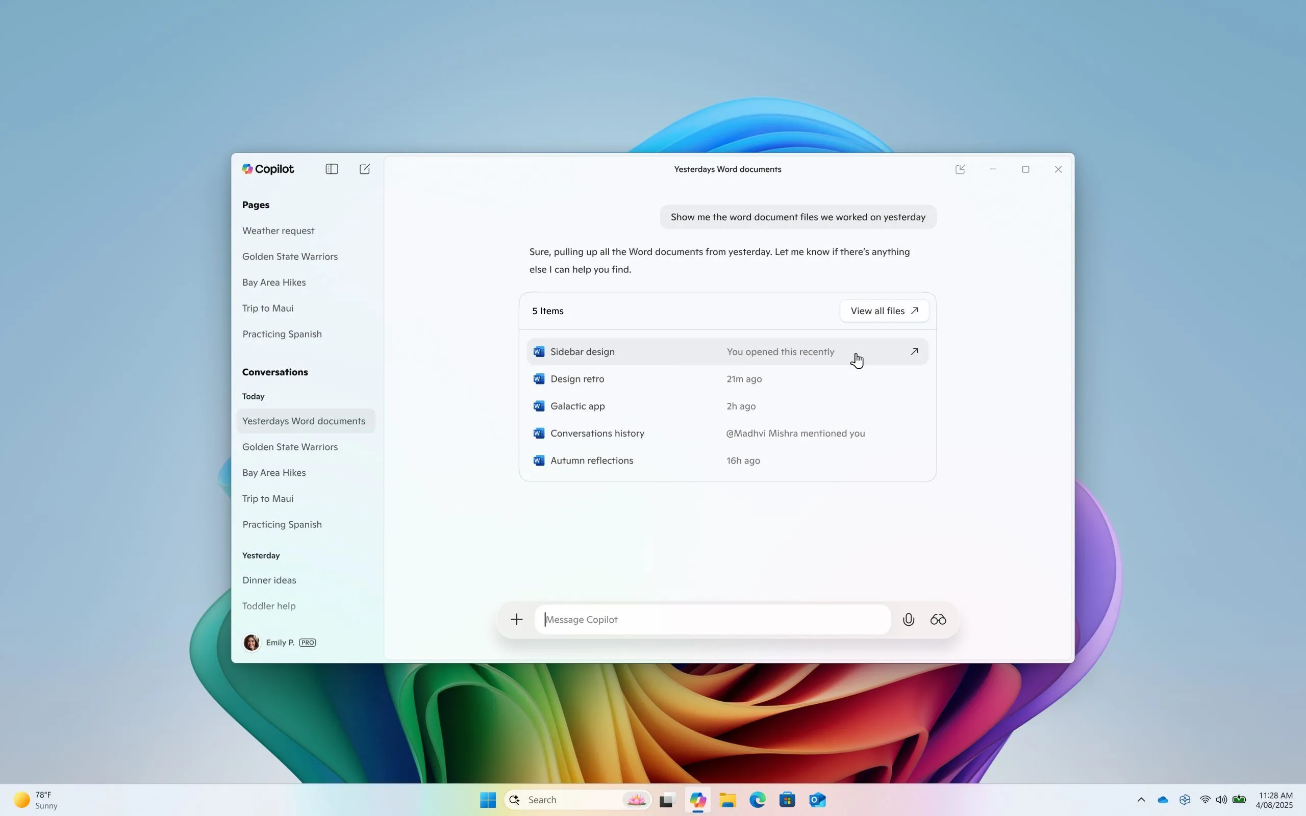 Giao diện Copilot hiển thị kết quả tìm kiếm tệp trên Windows, minh họa khả năng AI tìm kiếm và phân tích tài liệu.