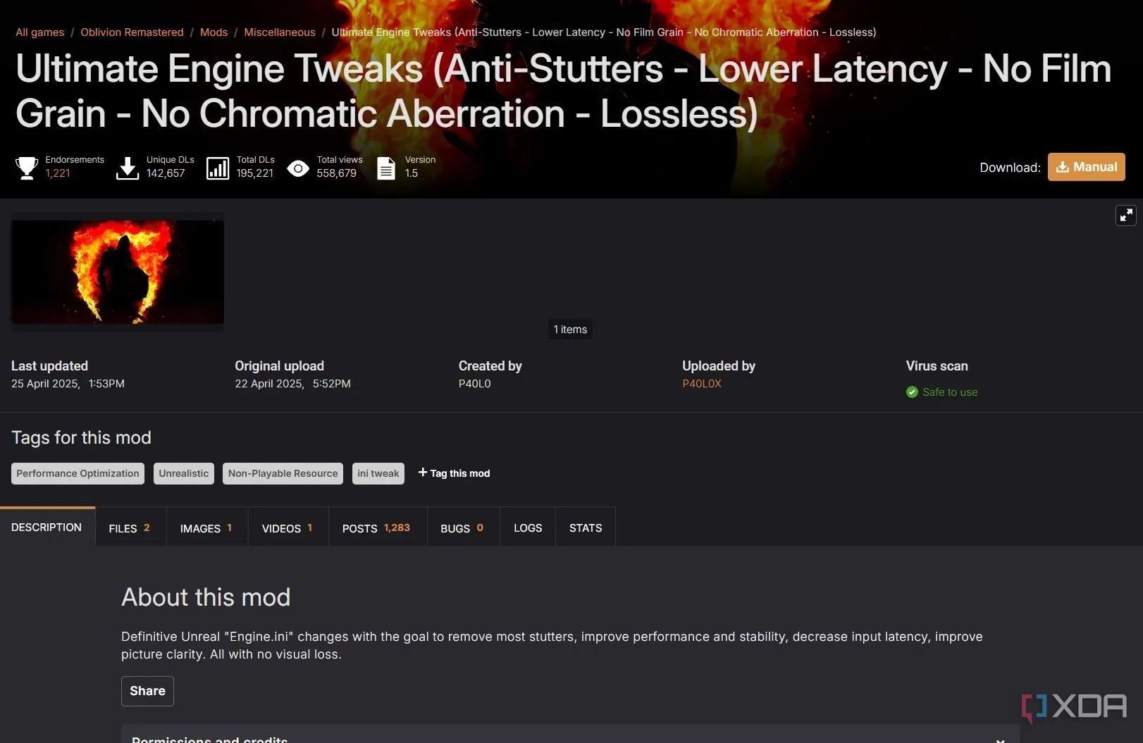 Giao diện của bản mod Ultimate Engine Tweaks cho Oblivion Remastered, giúp tối ưu file engine.ini của Unreal Engine 5