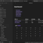 Giao diện dashboard Obsidian tùy chỉnh hiển thị ghi chú gần đây, bảng dự án và lịch theo dõi