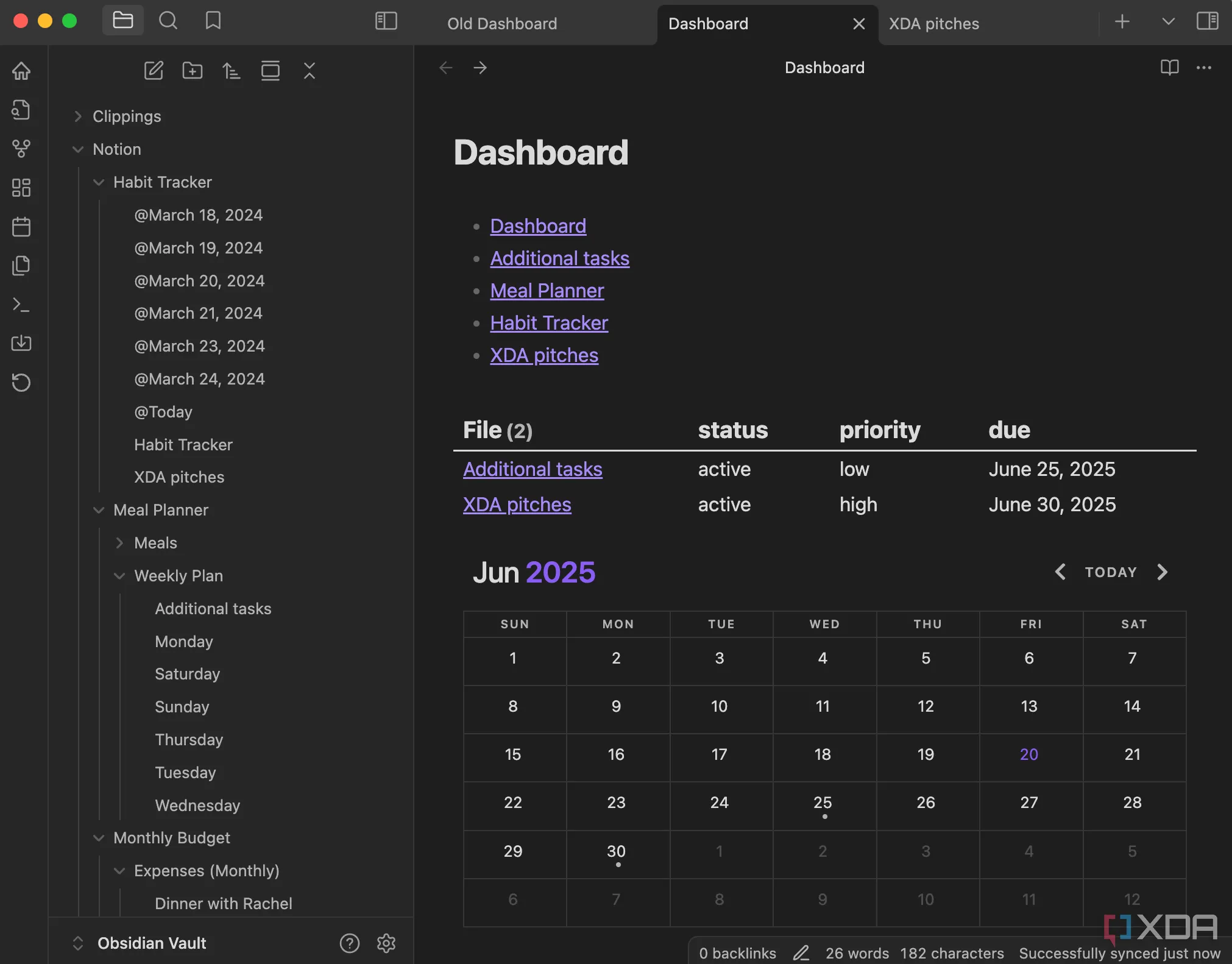Giao diện dashboard Obsidian tùy chỉnh hiển thị ghi chú gần đây, bảng dự án và lịch theo dõi