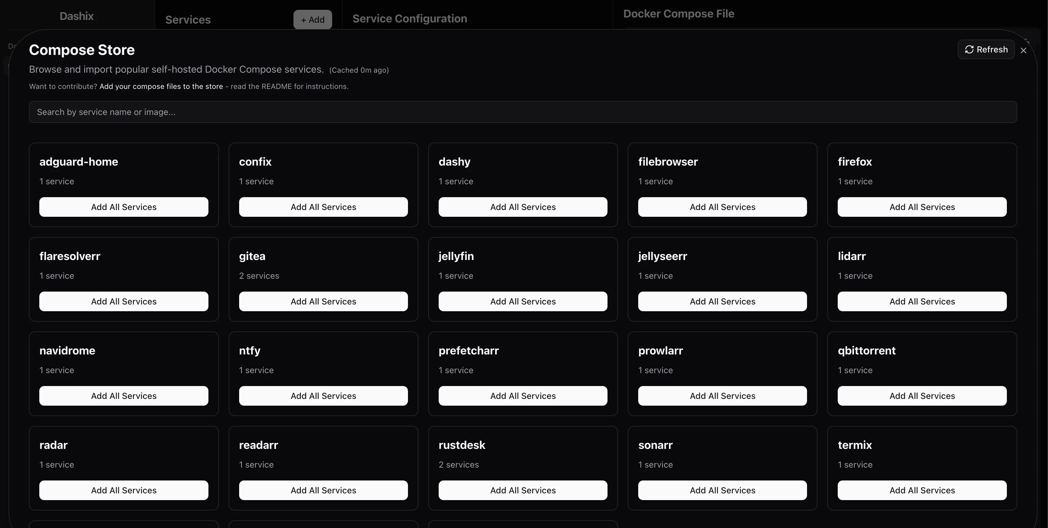 Giao diện Dashix Compose Store hiển thị các module cấu hình Docker có sẵn