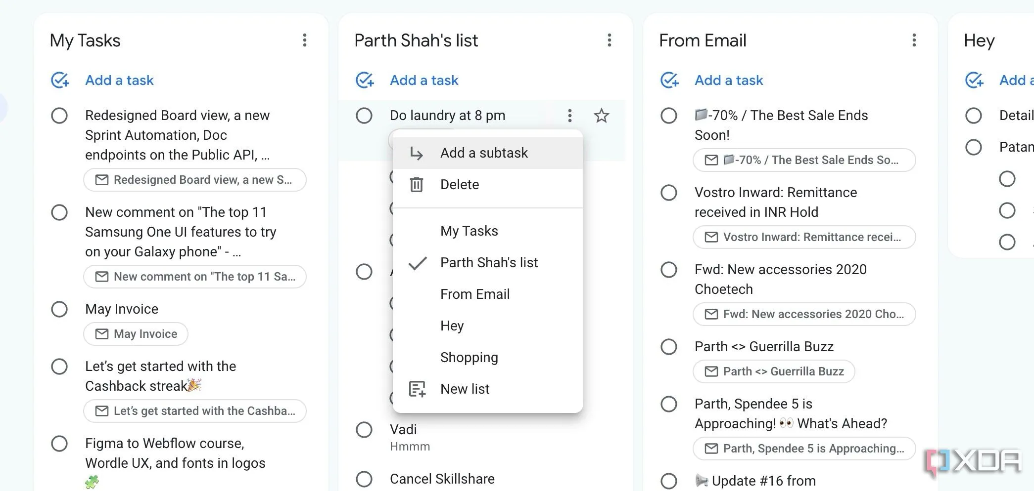 Giao diện đơn giản của Google Tasks hiển thị danh sách công việc và tác vụ con