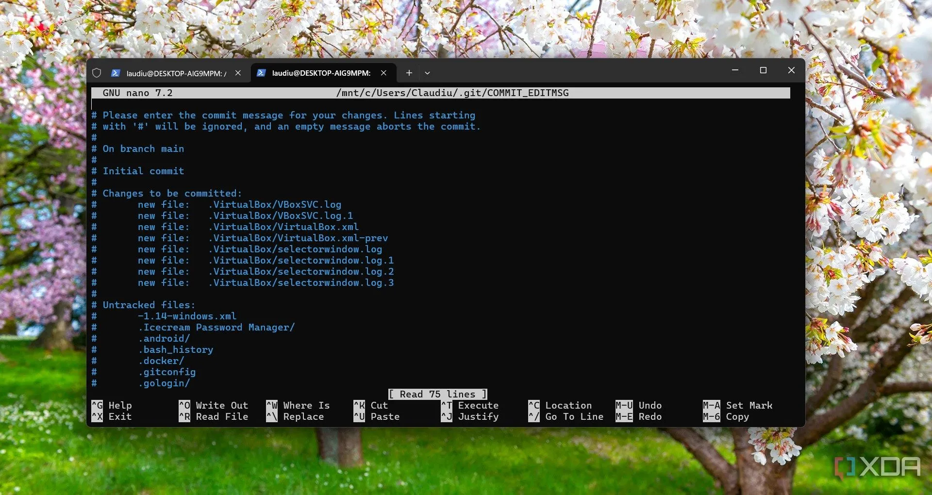 Giao diện dòng lệnh Git đang chạy trên Windows Subsystem for Linux (WSL) trong Windows 11, minh họa khả năng quản lý mã nguồn hiệu quả với Linux.