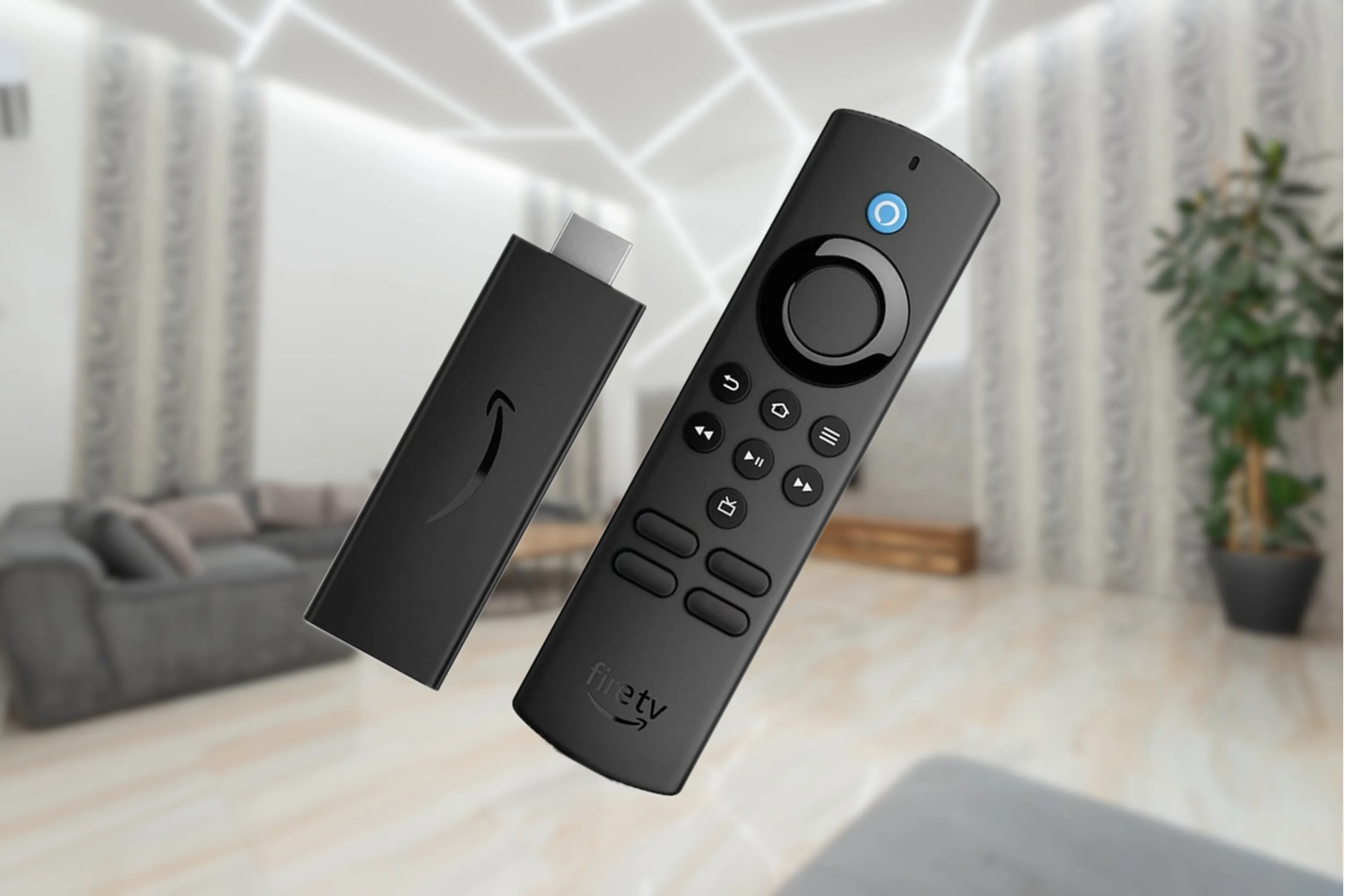 Giao diện Fire TV trên màn hình TV lớn trong phòng khách, kèm remote điều khiển Alexa