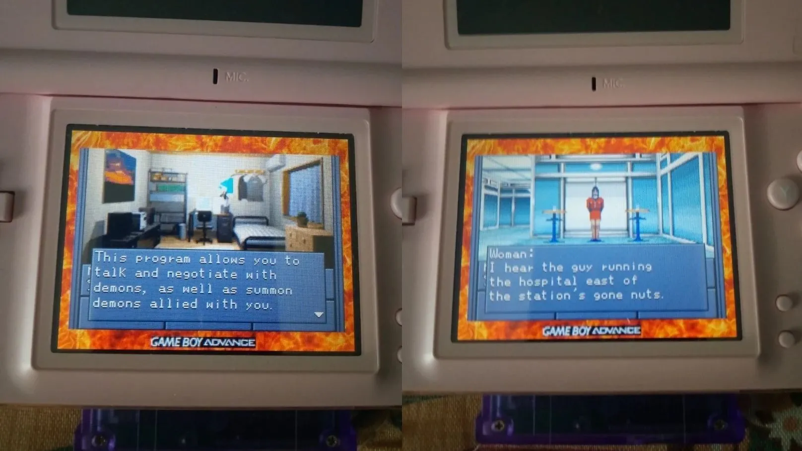 Giao diện game Shin Megami Tensei trên GBA với bản dịch tiếng Anh hiển thị trên máy DS