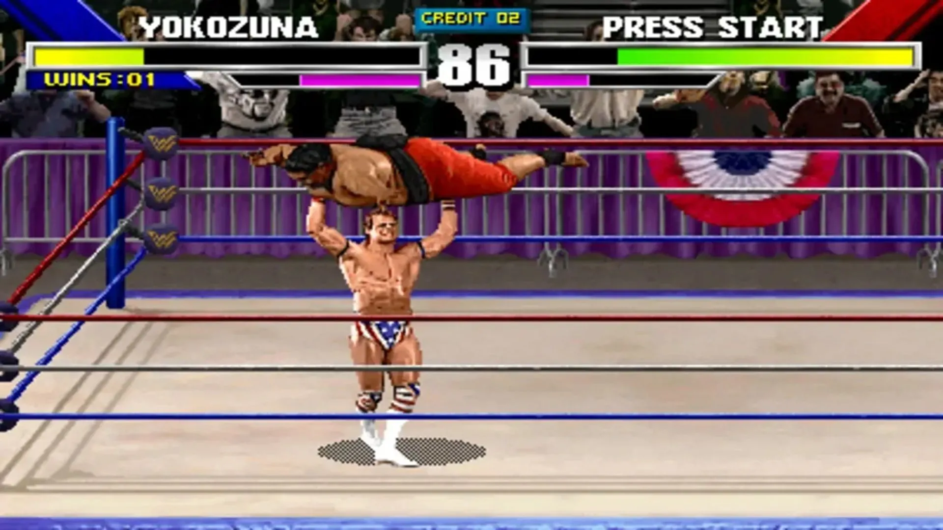 Giao diện gameplay sôi động của WWF WrestleMania: The Arcade Game với chiêu thức cường điệu