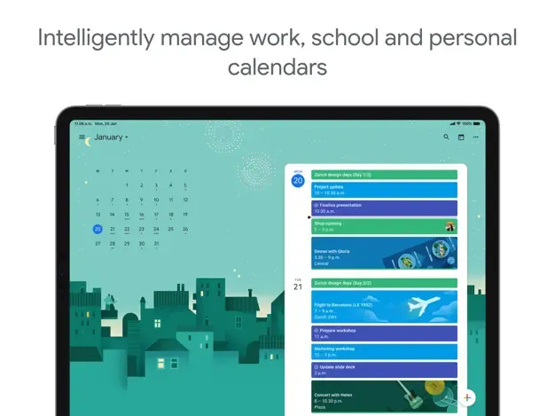 Giao diện Google Calendar trên iPad hiển thị các tác vụ và sự kiện đồng bộ từ Google Tasks