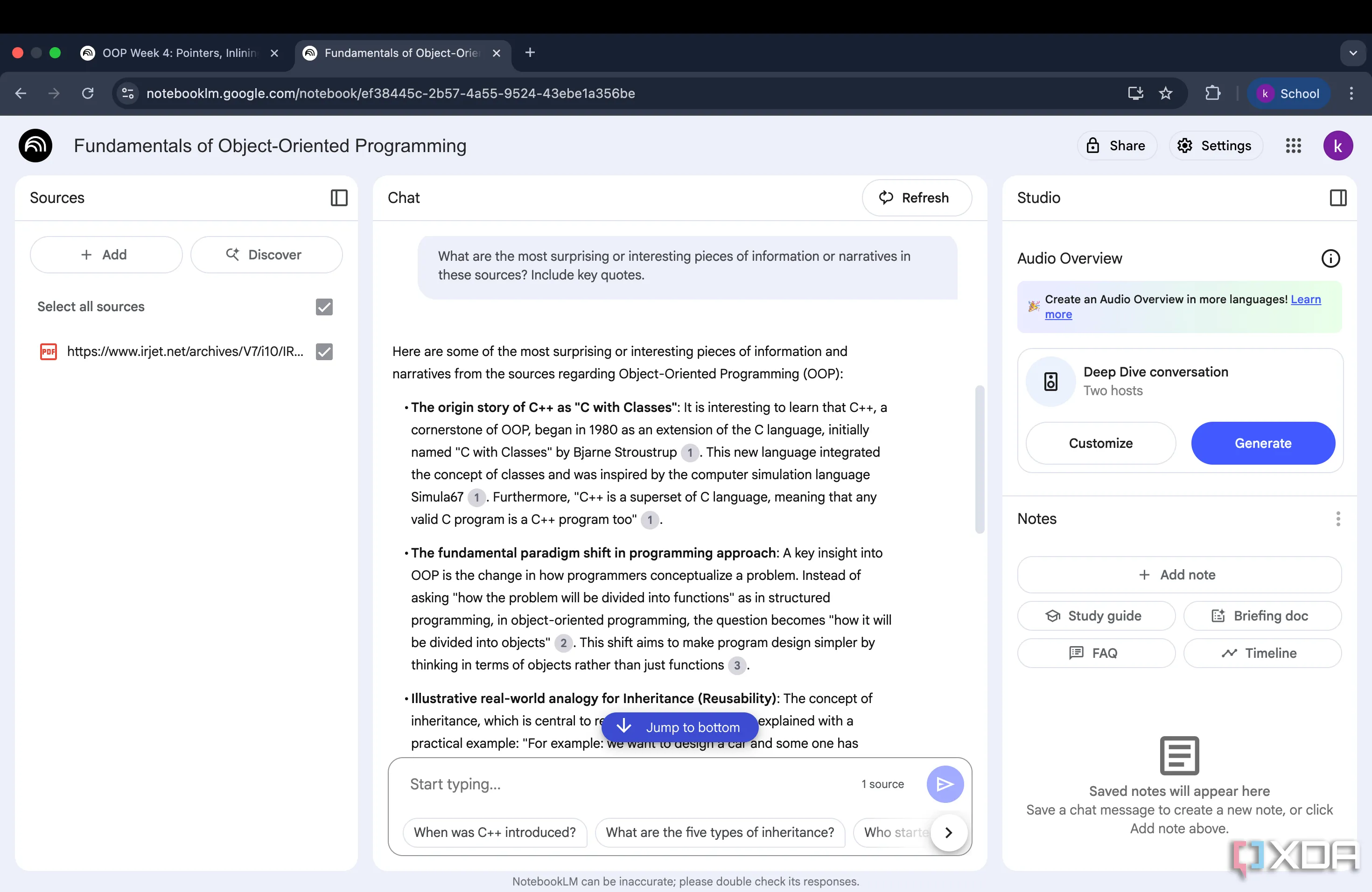 Giao diện Google NotebookLM hiển thị các kết quả tổng hợp thông tin từ nguồn đã tải lên