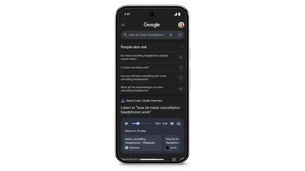 Giao diện hiển thị tính năng Tổng quan âm thanh trên kết quả tìm kiếm Google