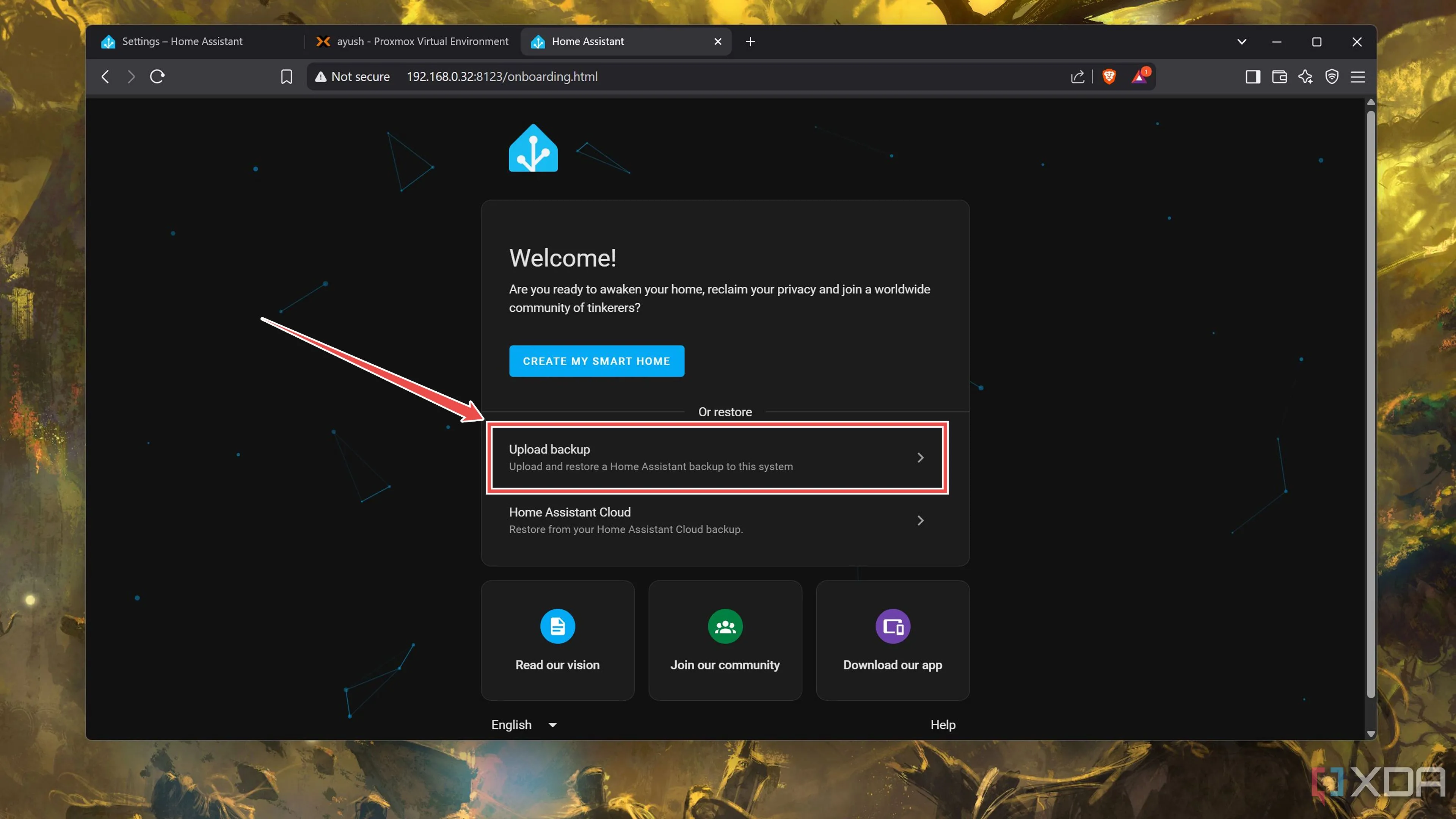 Giao diện Home Assistant hiển thị tùy chọn tải lên file sao lưu để khôi phục hoặc di chuyển hệ thống