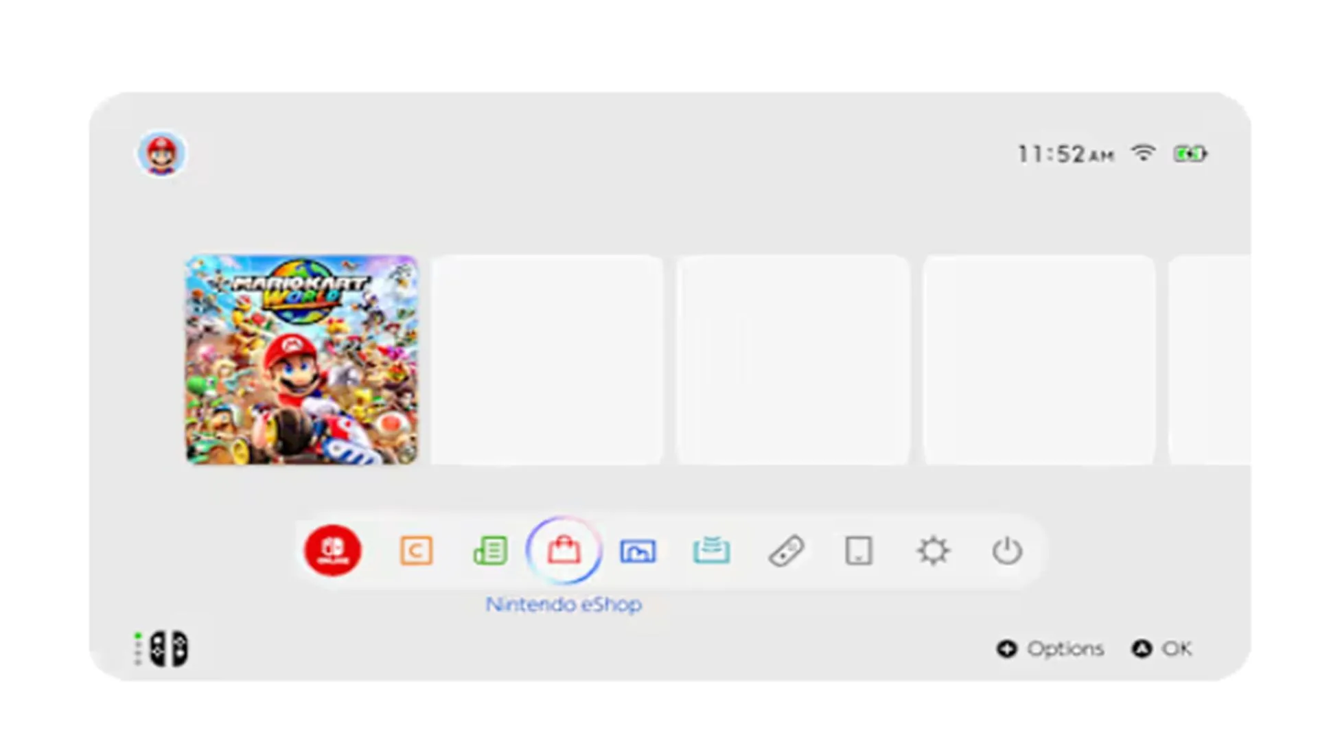 Giao diện màn hình chính của Nintendo Switch 2, tương tự phiên bản gốc