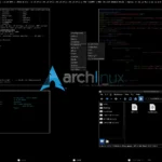 Giao diện màn hình nền Arch Linux với nhiều cửa sổ terminal đang mở, minh họa tính chất dựa vào dòng lệnh của hệ điều hành này.