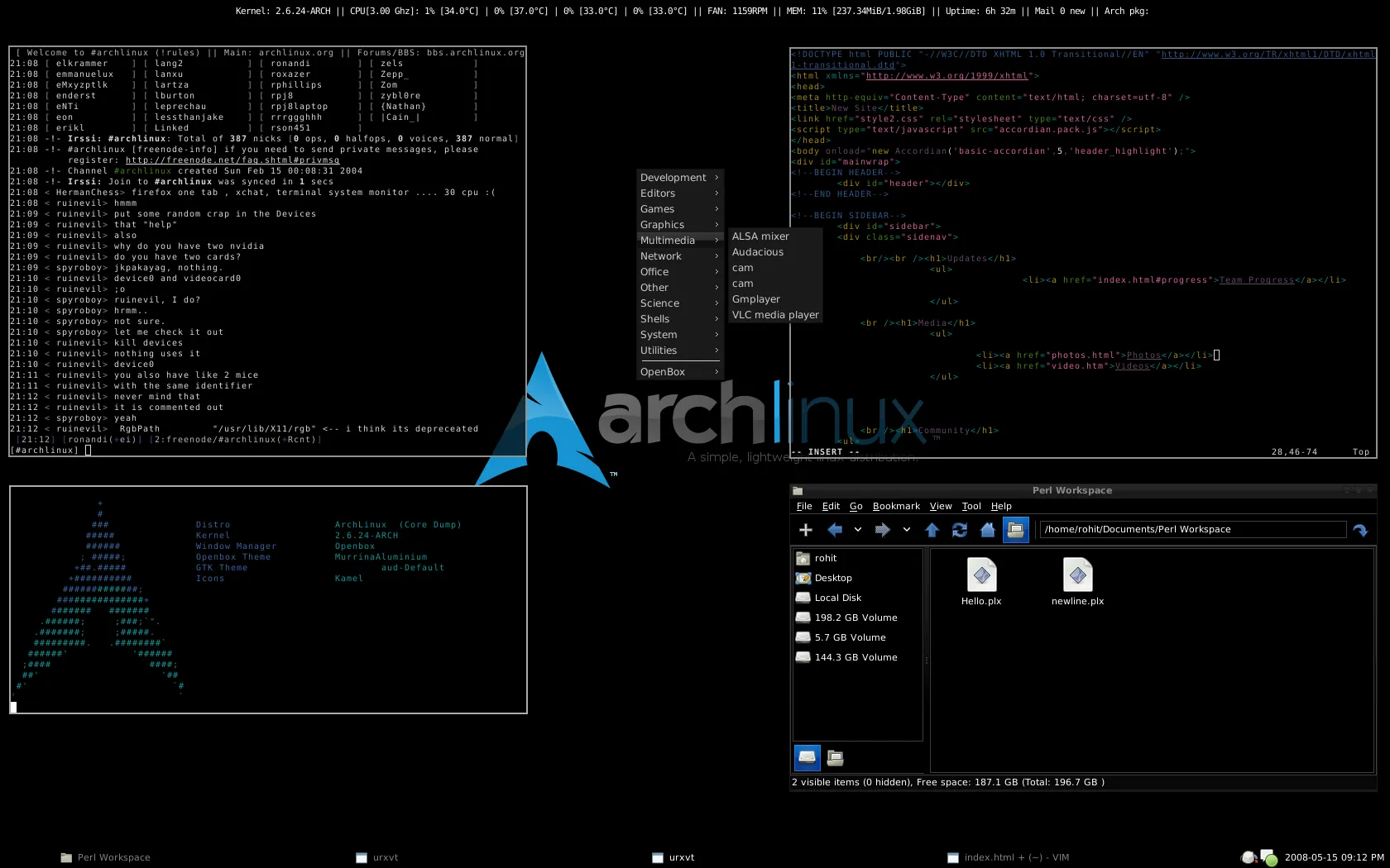 Giao diện màn hình nền Arch Linux với nhiều cửa sổ terminal đang mở, minh họa tính chất dựa vào dòng lệnh của hệ điều hành này.