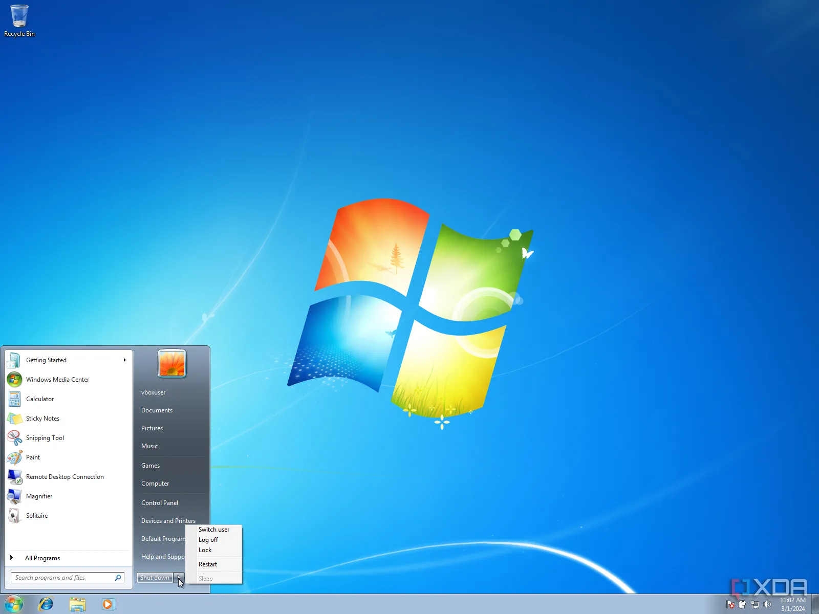 Giao diện menu Start của Windows 7, nơi bộ lọc âm thanh đặc biệt cho lỗi Windows XP Janet Jackson vẫn tồn tại và được bảo vệ.