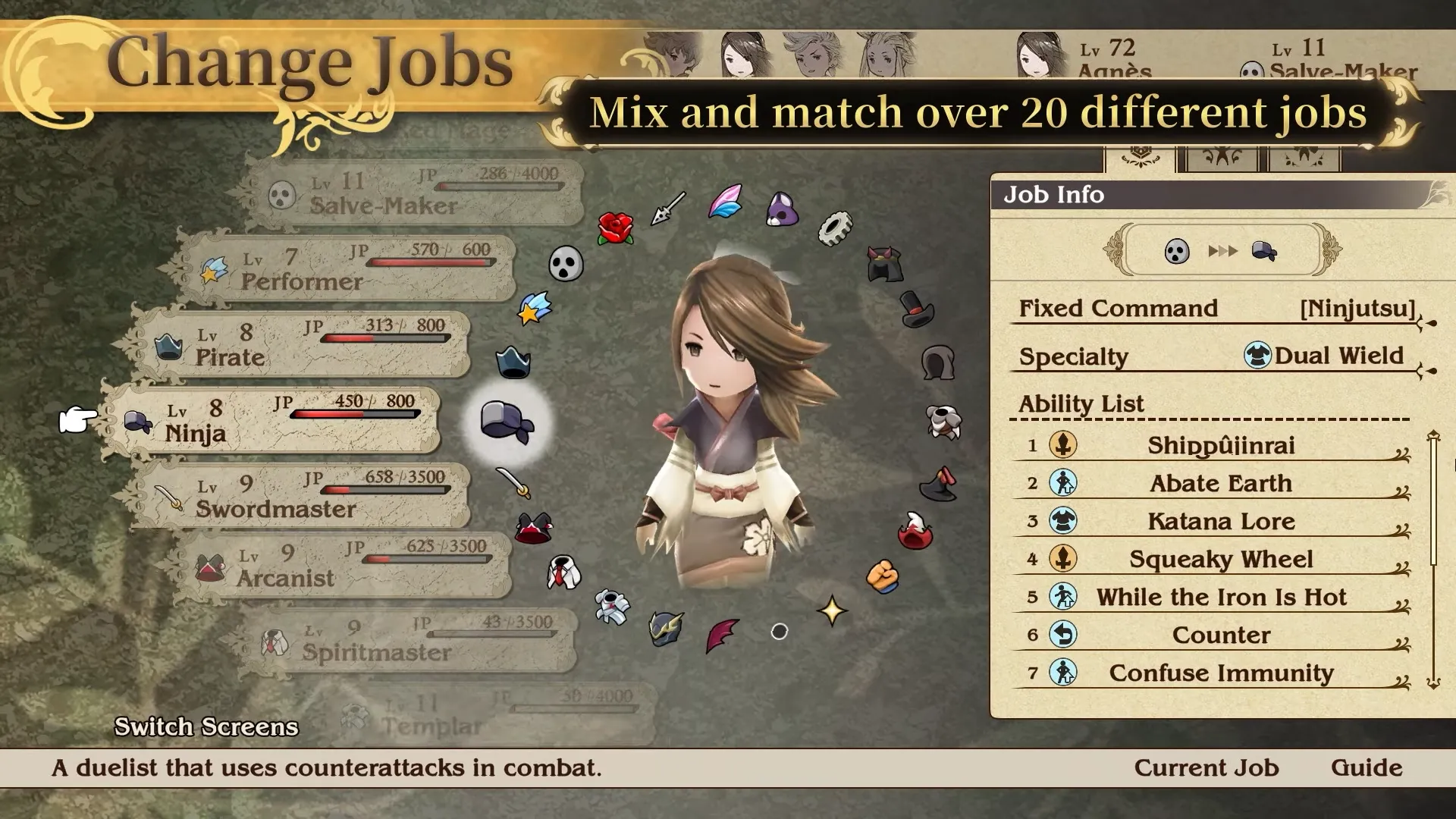 Giao diện minh họa hệ thống Job System trong Bravely Default, cho phép tùy biến vai trò và kỹ năng nhân vật trong game nhập vai JRPG