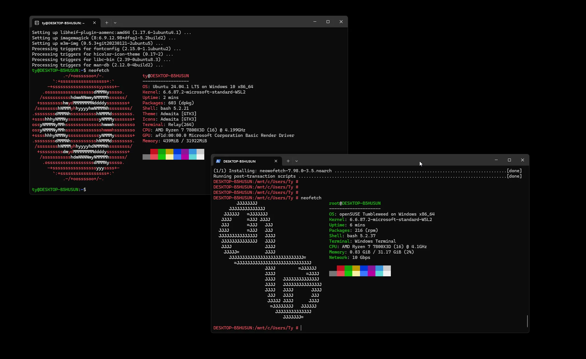 Giao diện neofetch hiển thị thông tin hai bản phân phối Linux khác nhau chạy trên WSL, minh họa việc tách biệt môi trường làm việc.