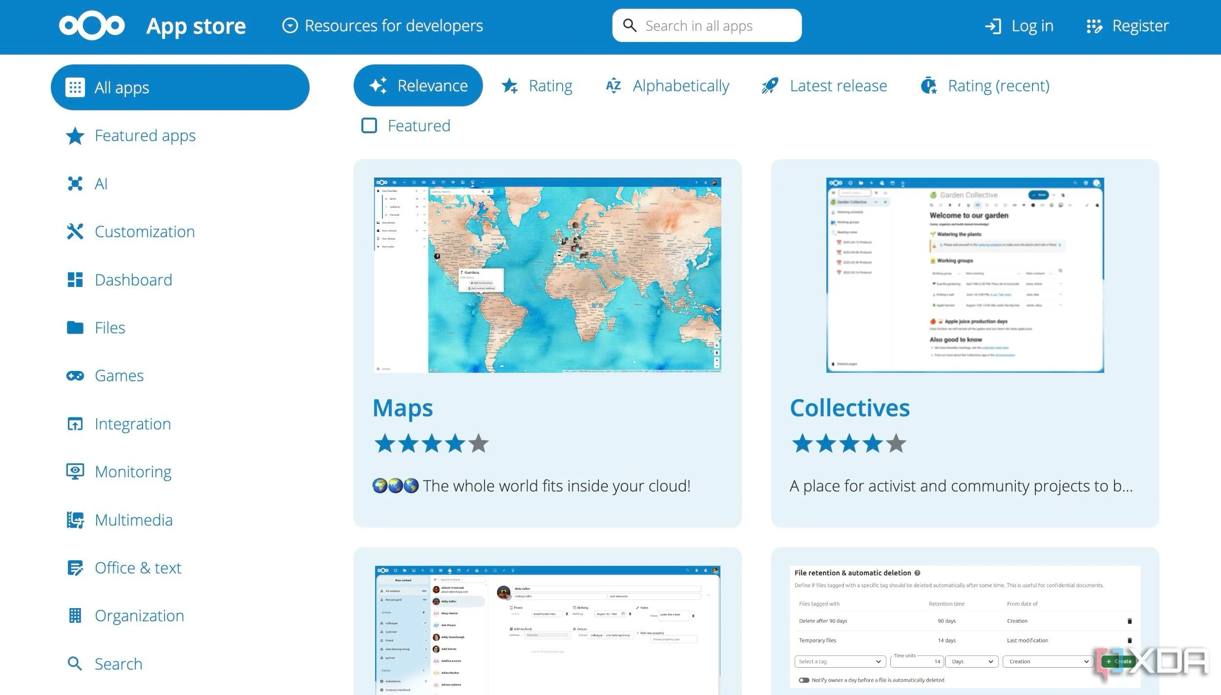 Giao diện Nextcloud App Store với nhiều ứng dụng và tiện ích mở rộng, minh họa kho add-on phong phú.