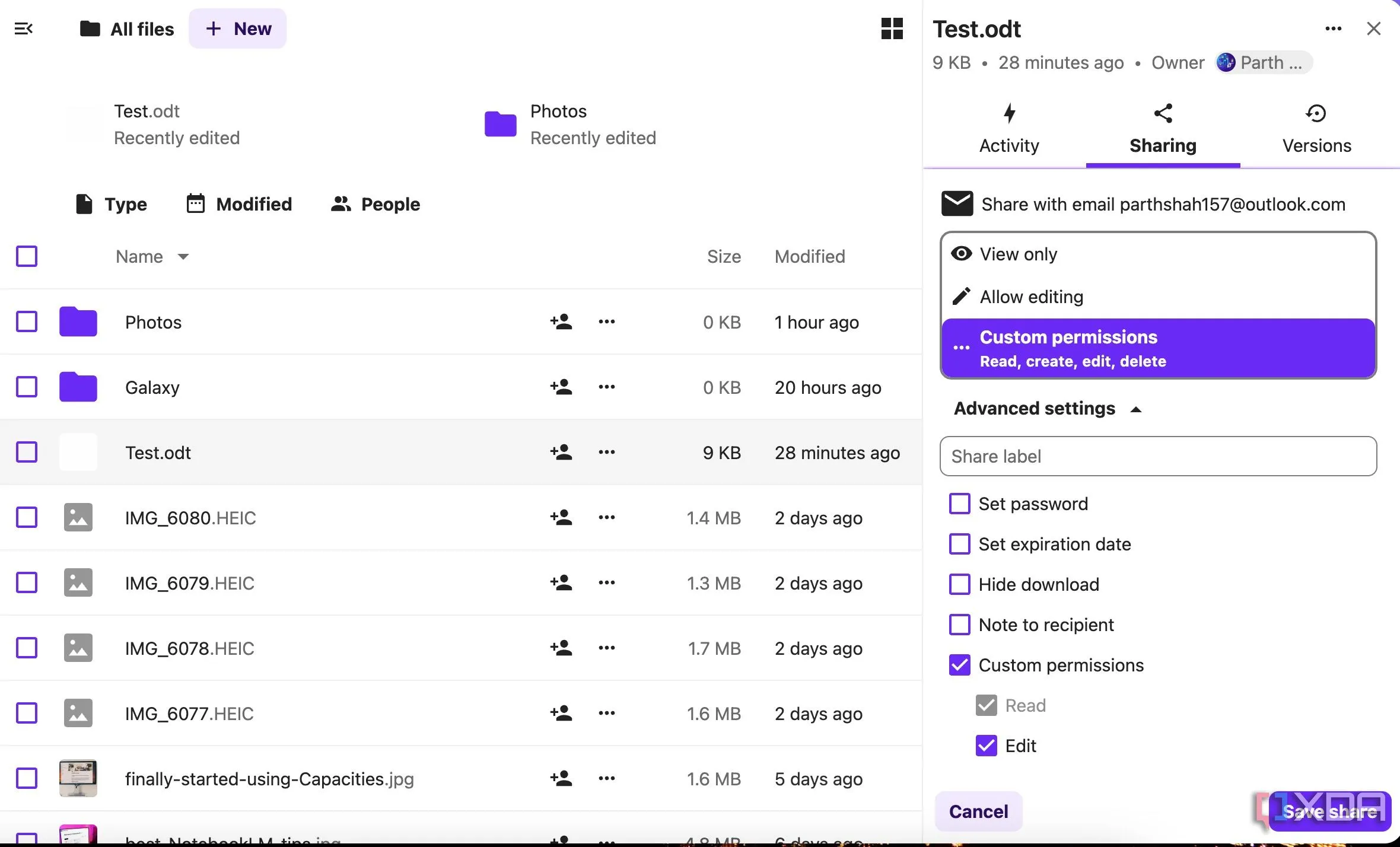 Giao diện Nextcloud chia sẻ file với các tùy chọn bảo mật như mật khẩu và ngày hết hạn, thể hiện khả năng cộng tác an toàn.