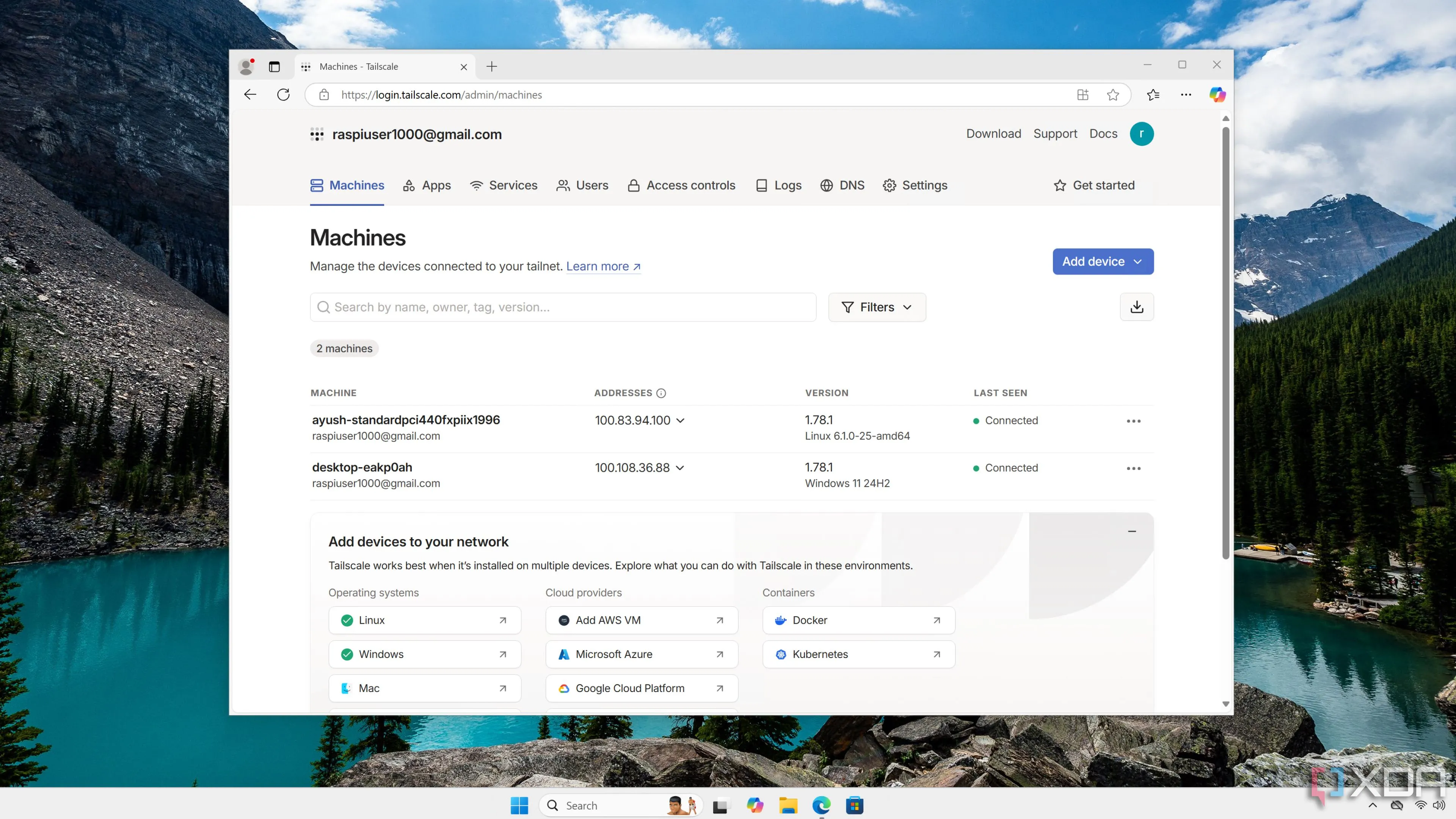 Giao diện người dùng web của Tailscale hiển thị các thiết bị đã kết nối VPN